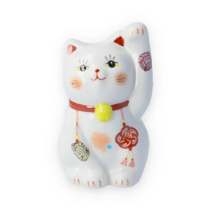 Authentic Kutani Yaki Japanese Maneki Neko Lucky Cat Figurine - Traditional Mizuhiki Red Decoration | Japanese Good Luck Charm for Home, Office & Gift Giving