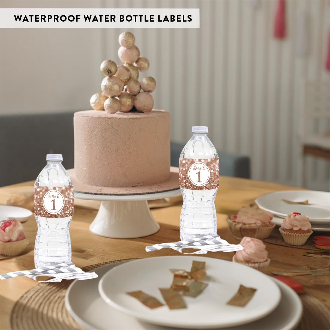 **Glitzy Faux Glitter Rose Gold Water Bottle Labels Stickers – 20-Pack for 1st Birthday, Anniversary & Party Decorations – Perfect for Women’s Birthday Party Favors, Baby Showers & Celebrations**