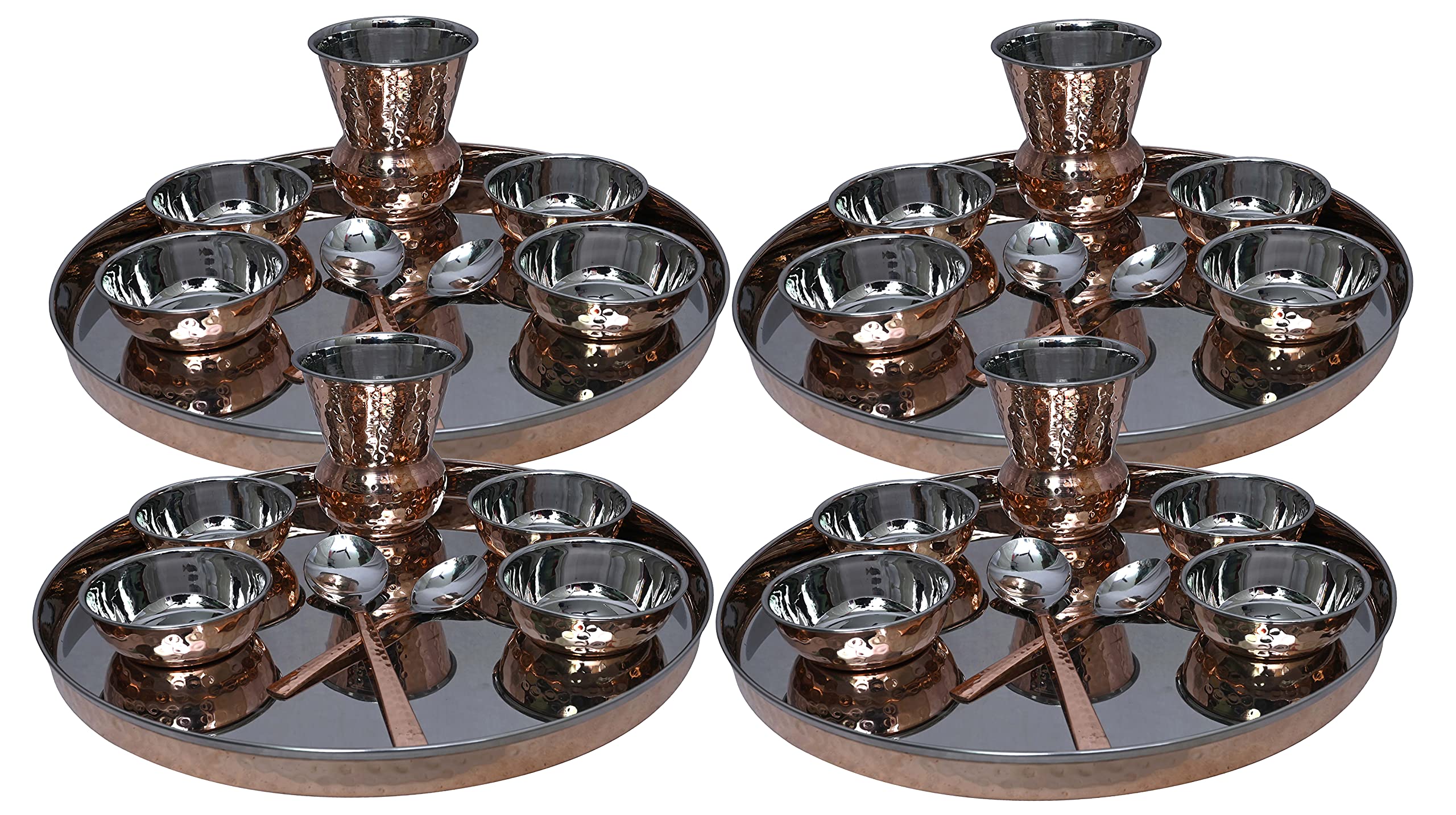4-Piece Stainless Steel & Copper Traditional Thali Dinnerware Set - 12-Inch Plate, Bowls, Glass & Spoon | Indian Cuisine Serving Set for Home, Restaurants & Festive Occasions
