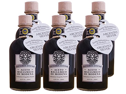 Fattoria Estense Silver Label Balsamic Vinegar - Premium Farmacia Style Glass Bottle (Pack of 6, 8.5oz) - Perfect for Salads, Gourmet Cooking & Gift Giving