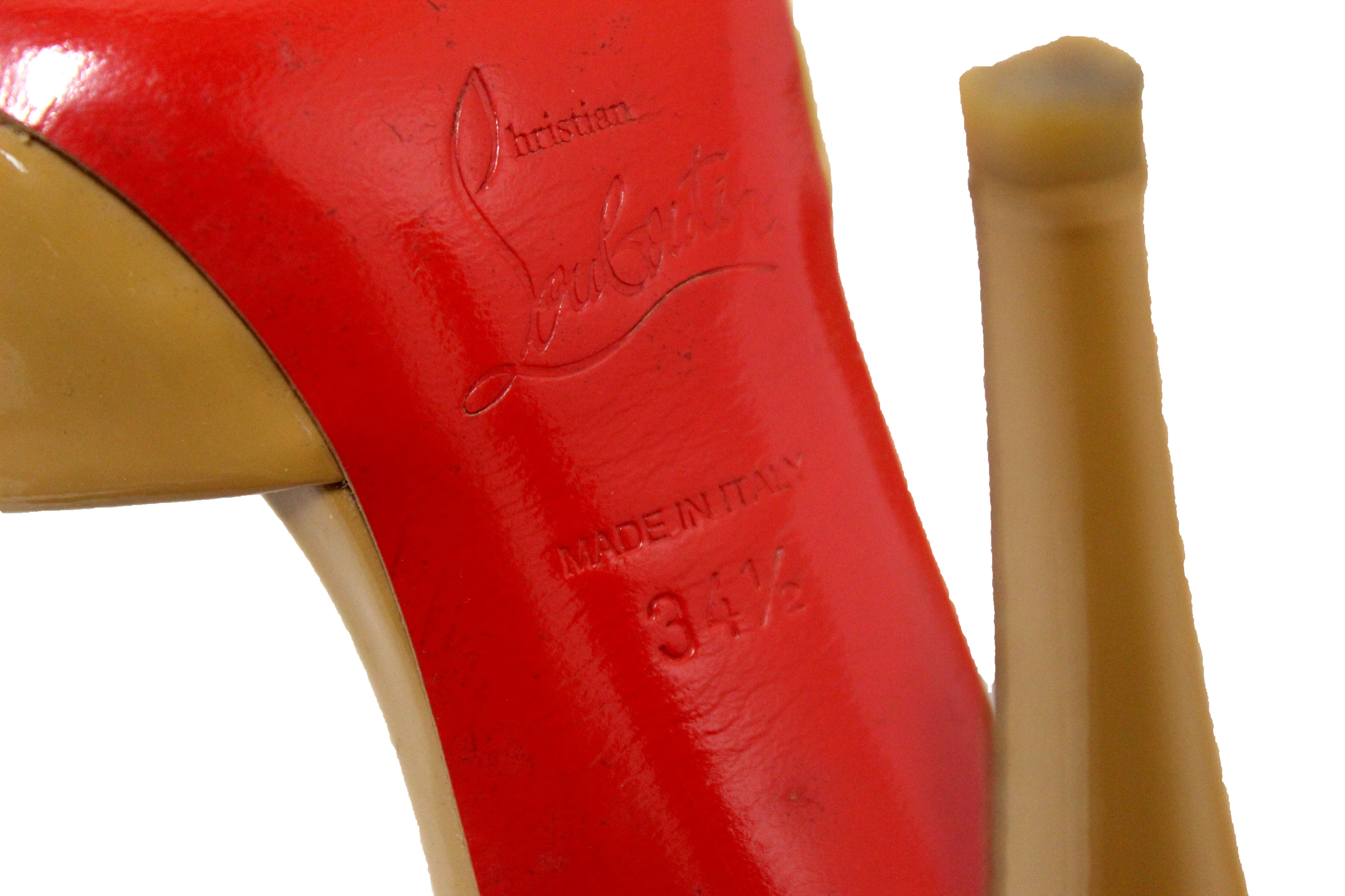 Authentic Christian Louboutin Beige Patent Leather Peep Toe Pumps Women's Size 34.5 - Elegant High Heels for Weddings, Parties & Special Occasions