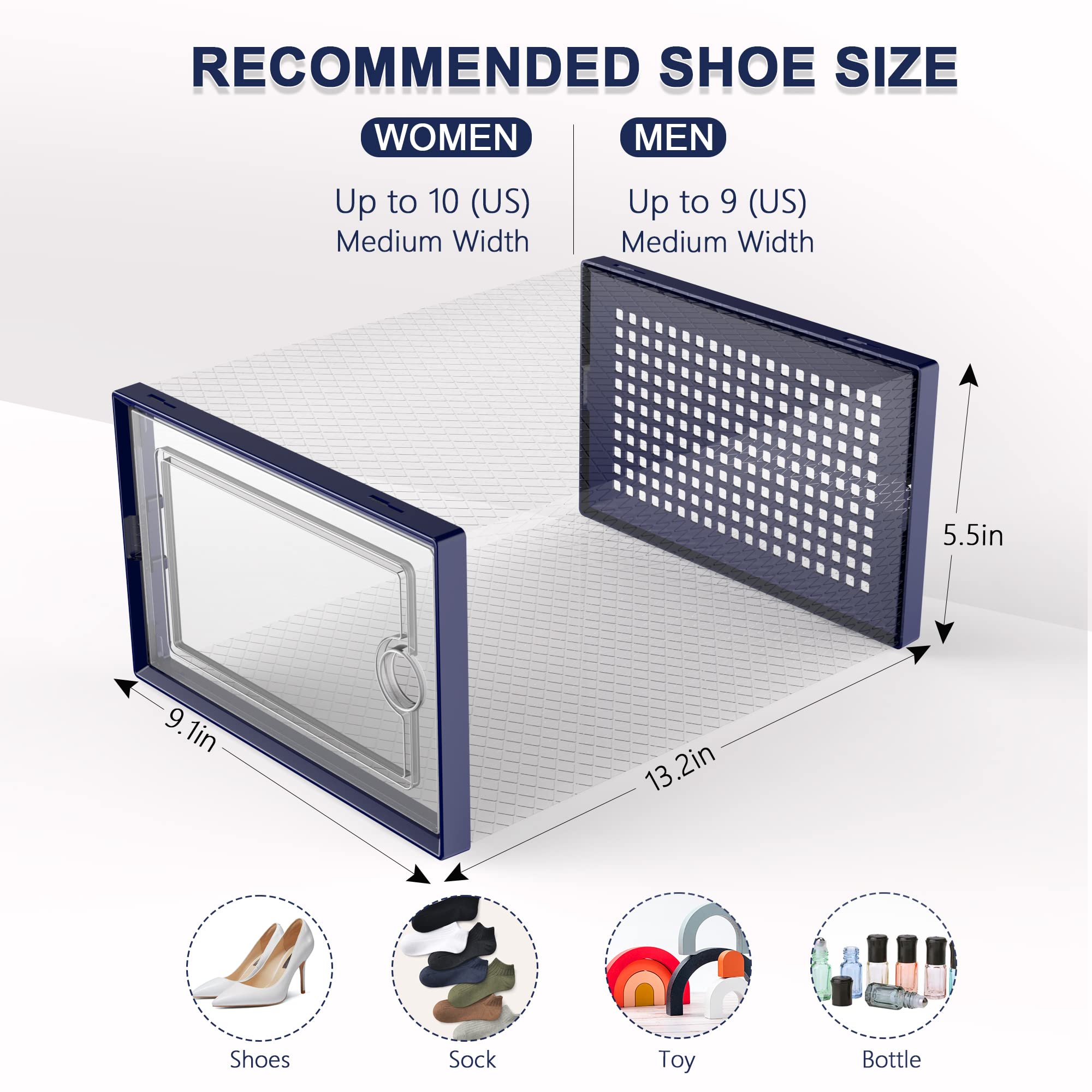 Kuject 12 Pack Clear Plastic Stackable Shoe Storage Boxes with Lids - Under Bed Shoe Organizers for Closet, Entryway & Bedroom - Drop Front Design Fits Women's Size 10 Shoes (Blue) - Perfect for Small Space Organization & Shoe Collection Display