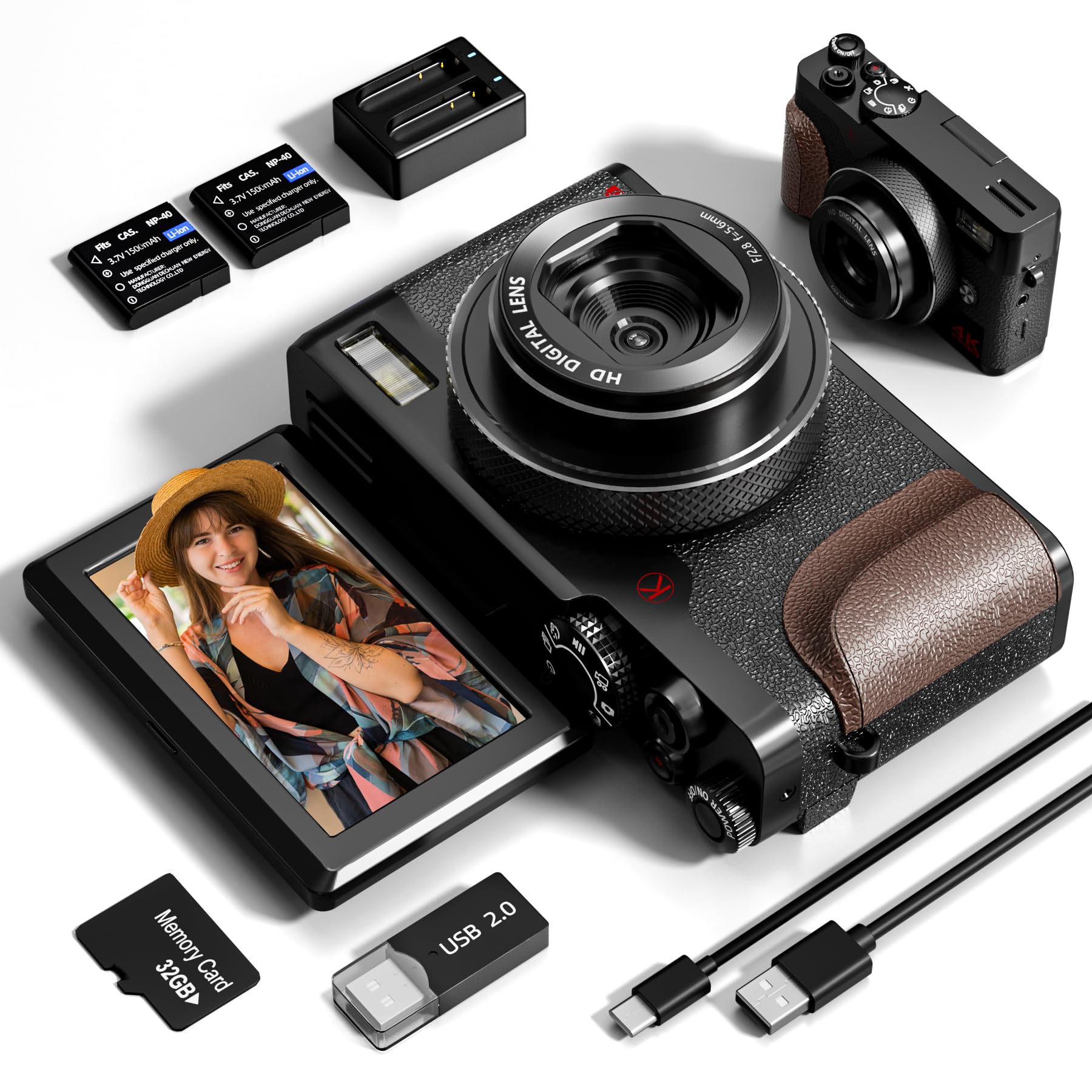 56MP Digital Camera with 4K Video & 180° Flip Screen - 16X Zoom Point and Shoot Camera for Photography, YouTube Vlogging - Compact Travel Camera for Beginners (Includes 32GB SD Card & 2 Batteries) - Perfect for Travel, Family Events & Content Creation