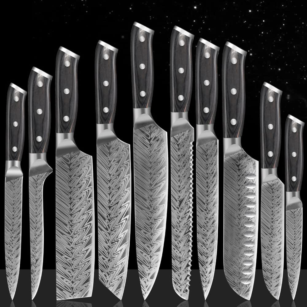Premium 10-Piece Stainless Steel Kitchen Knife Set - Laser Damascus Fishbone Pattern Japanese Santoku & Slicing Knives with Black Wood Handle - Perfect for Home Chefs, Cooking Enthusiasts & Professional Kitchens