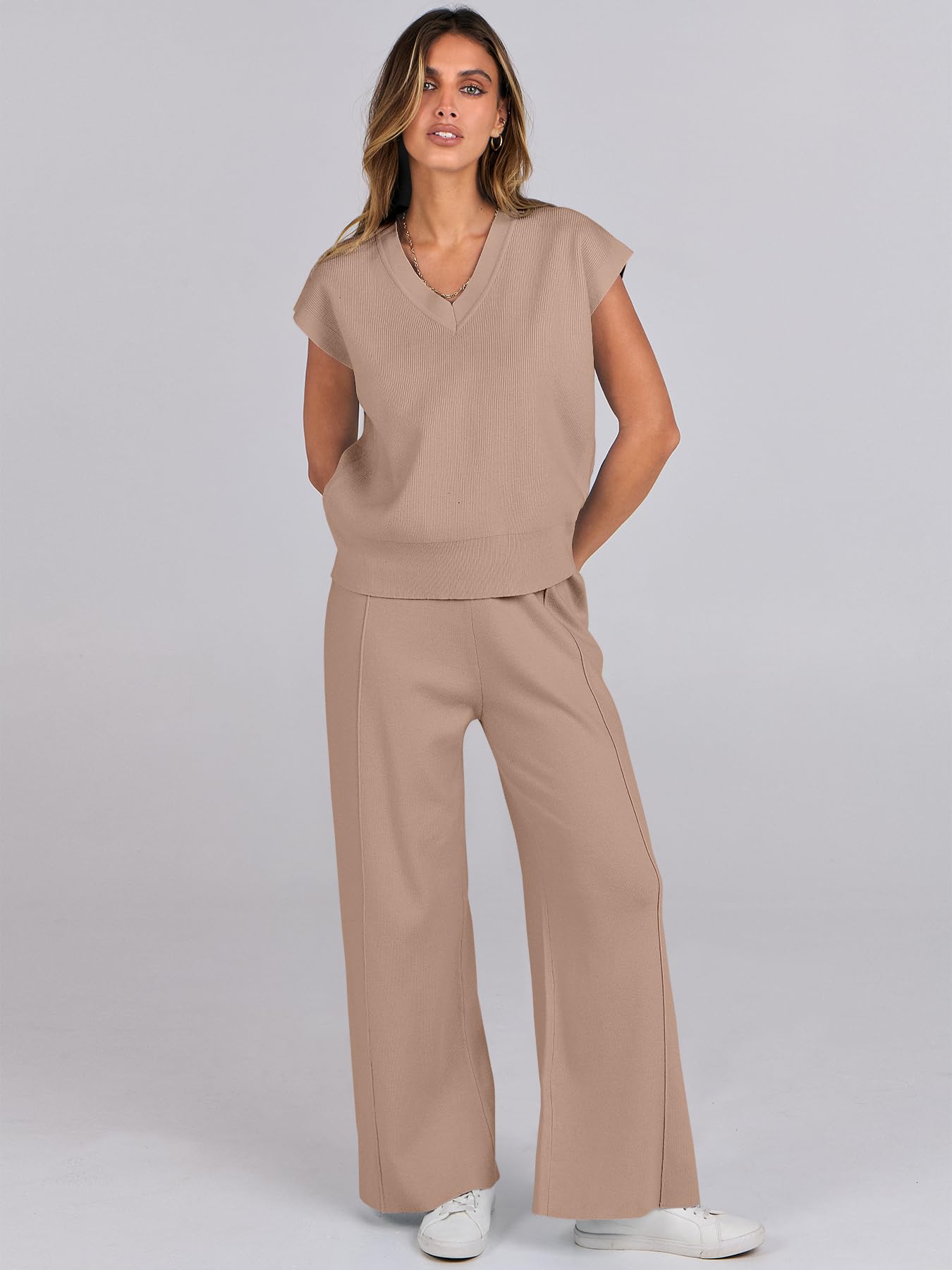 Caracilia Women's Summer 2 Piece Sweater Vest Set - Knit Top & Wide Leg Pants Lounge Matching Outfit for Spring 2025 | Airport Travel, Casual Wear & Relaxation