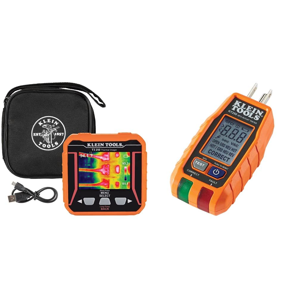 Klein Tools TI250 Rechargeable Thermal Imager & RT250 GFCI Receptacle Tester with LCD Display - Professional Electrical Testing Tools for Standard 3-Wire 120V Outlets | Ideal for Electricians, HVAC Technicians & Home Inspections
