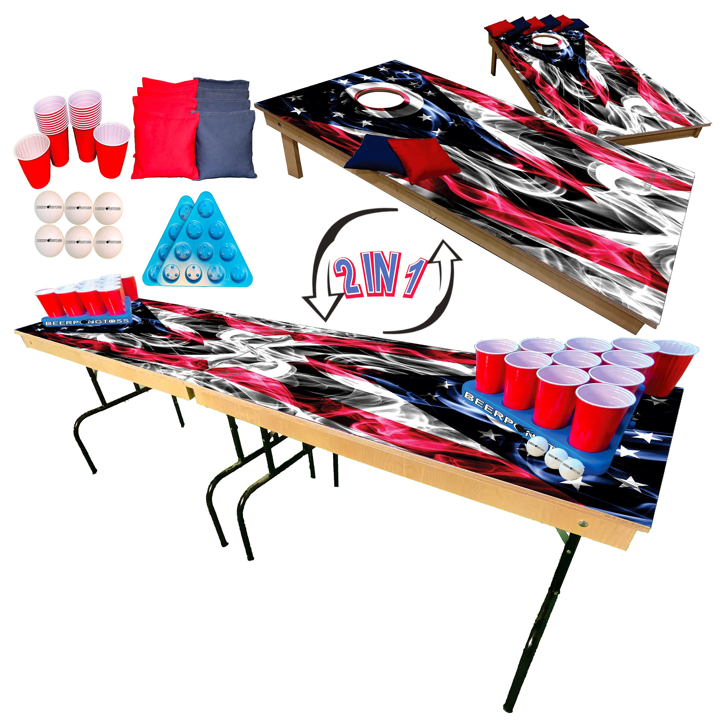 2-in-1 Cornhole & Tailgate Pong Table with Ohio State Flag Design - 8ft Portable Game Set for Backyard, College Parties & Tailgating - Includes 2 Cornhole Boards (4x2ft), 8 Bags, 22 Cups, 6 Balls & 2 Racks - Perfect for Outdoor Gatherings, BBQs & Game Nights
