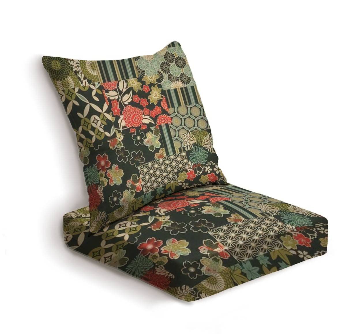 2-Piece Outdoor Deep Seat Cushion Set - Traditional Japanese Patchwork Floral Design, Waterproof Patio Furniture Replacement Cushions for Lounge Chairs, Sofas & Conversation Sets - Perfect for Backyard, Deck, Poolside & Garden Relaxation