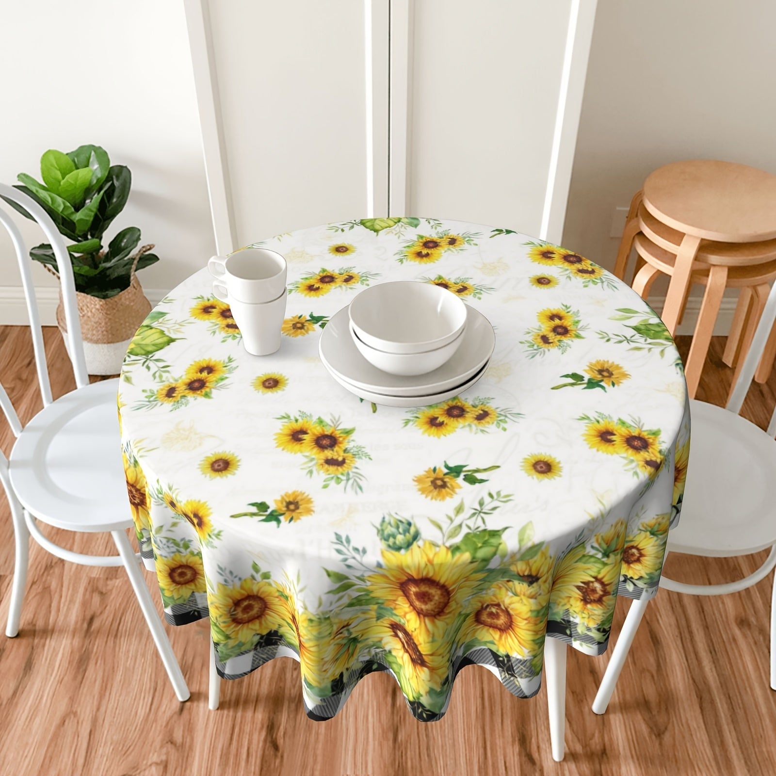 1pc Polyester Sunflower Buffalo Plaid Checkered Tablecloth - Stain & Wrinkle Resistant Kitchen Dining Table Cover for Home, Party Decor, Gift | Perfect for Summer Picnics, Outdoor Dining & Farmhouse Decor