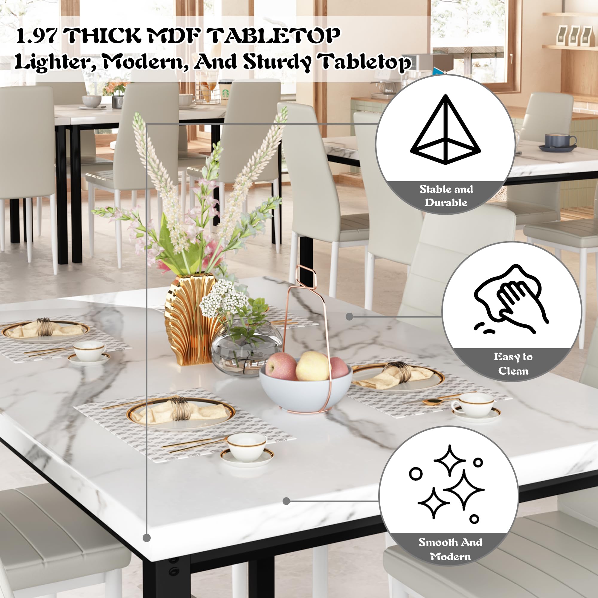 DKLGG 5-Piece Dining Table Set for 4 with PU Leather Chairs & Faux Marble Top - Space-Saving Kitchen Table Set for Small Homes & Apartments - Perfect for Family Meals, Dinner Parties & Compact Living Spaces
