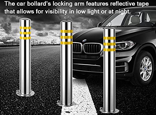 2 Pack Stainless Steel Parking Bollards with Padlock & Reflective Strips - 650×76mm (25.5×3in) Driveway Markers for Commercial & Private Use - Perfect for Parking Lots, Driveways & Property Boundaries