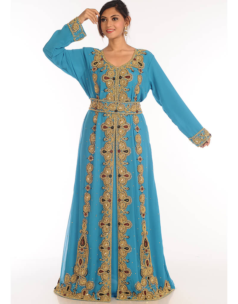 Exquisite Arabic Firozi Georgette Kaftan with Handcrafted Zari Embroidery - Elegant Islamic Dress for Women, Perfect for Eid, Weddings & Special Occasions