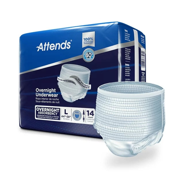 Attends Overnight Protective Underwear for Adults - Super Absorbent Pull-On Diapers for Incontinence - Comfortable & Disposable for Nighttime Use, Travel & Home Care