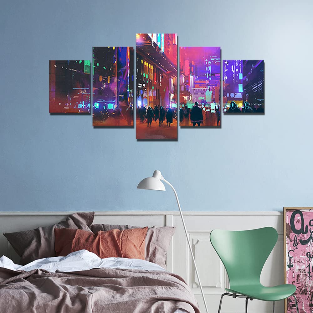 Cyberpunk City Wall Art - Neon Street Canvas Painting for Living Room & Bedroom Decor