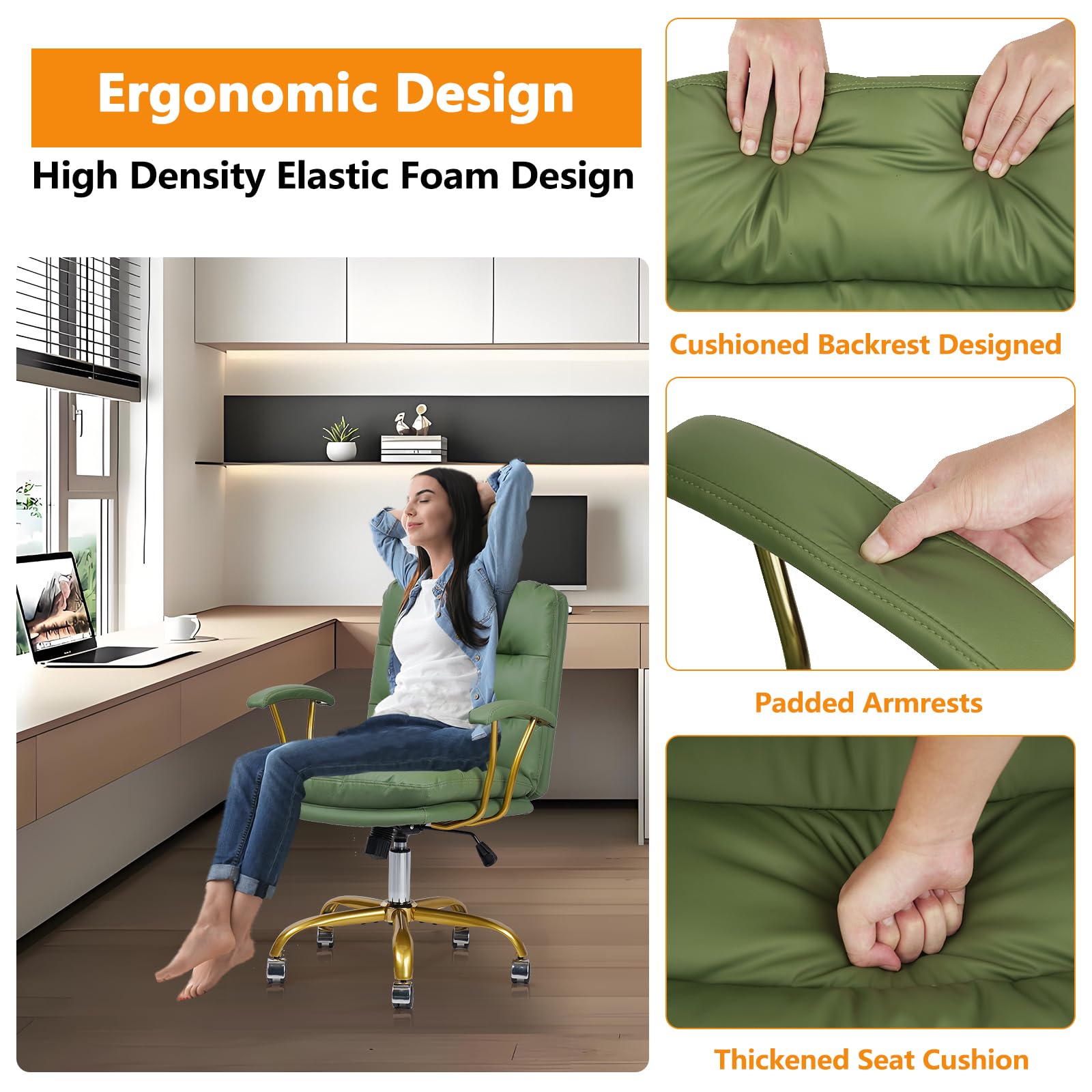 Premium Green & Gold Leather Office Chair - Ergonomic Swivel Desk Chair with Padded Seat, Adjustable Height & Wheels - Perfect for Home Office, Study Room, Vanity Dressing Table & Living Room Workspace