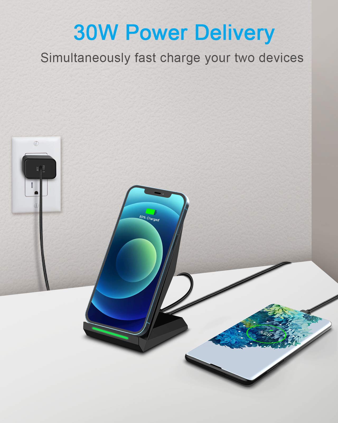 NANAMI Fast Wireless Charger - Qi Certified 15W Wireless Charging Stand & Pad Set, Compatible with iPhone 15/14/13/12/Pro Max/Mini/11, Samsung Galaxy S24/S23/S22/S21/S20/Note 20, AirPods Pro - Perfect for Home, Office & Nightstand Charging