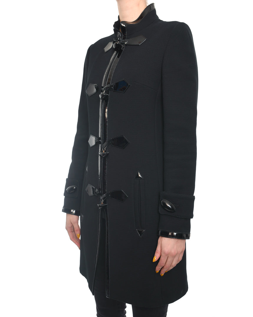 Andrew GN Black Wool Coat with Patent Leather Trim & Toggle Buttons - Winter Fashion Outerwear for Women | Office, Party & Formal Occasions