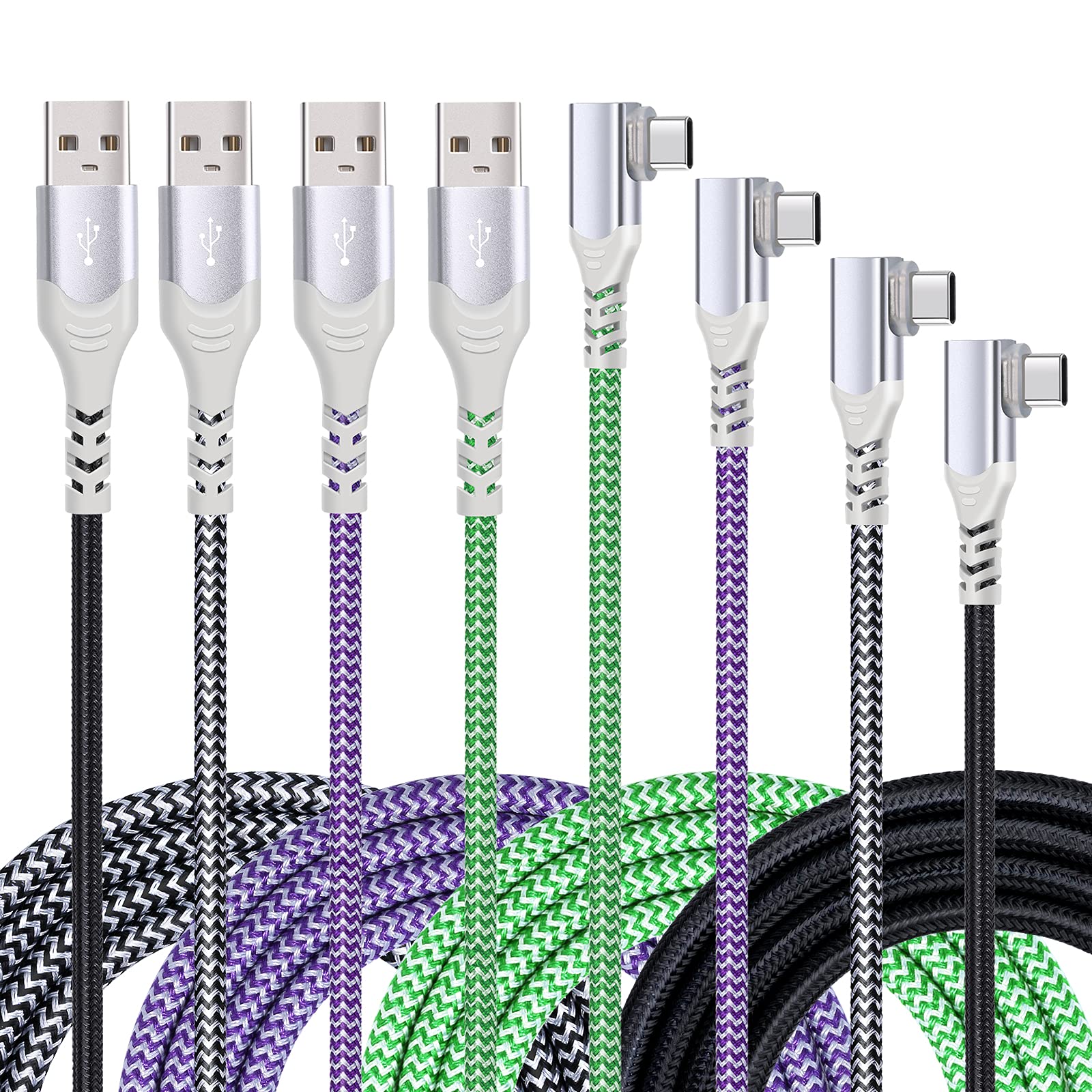 Eversame 4-Pack 10ft USB C to USB A Fast Charging Cable, Right Angle Nylon Braided Charger Cord for Samsung Galaxy S24/S23/S22/S21/S20/S10+/S9 Plus, iPhone 15 Pro Max - Perfect for Home, Office, Car & Travel Charging