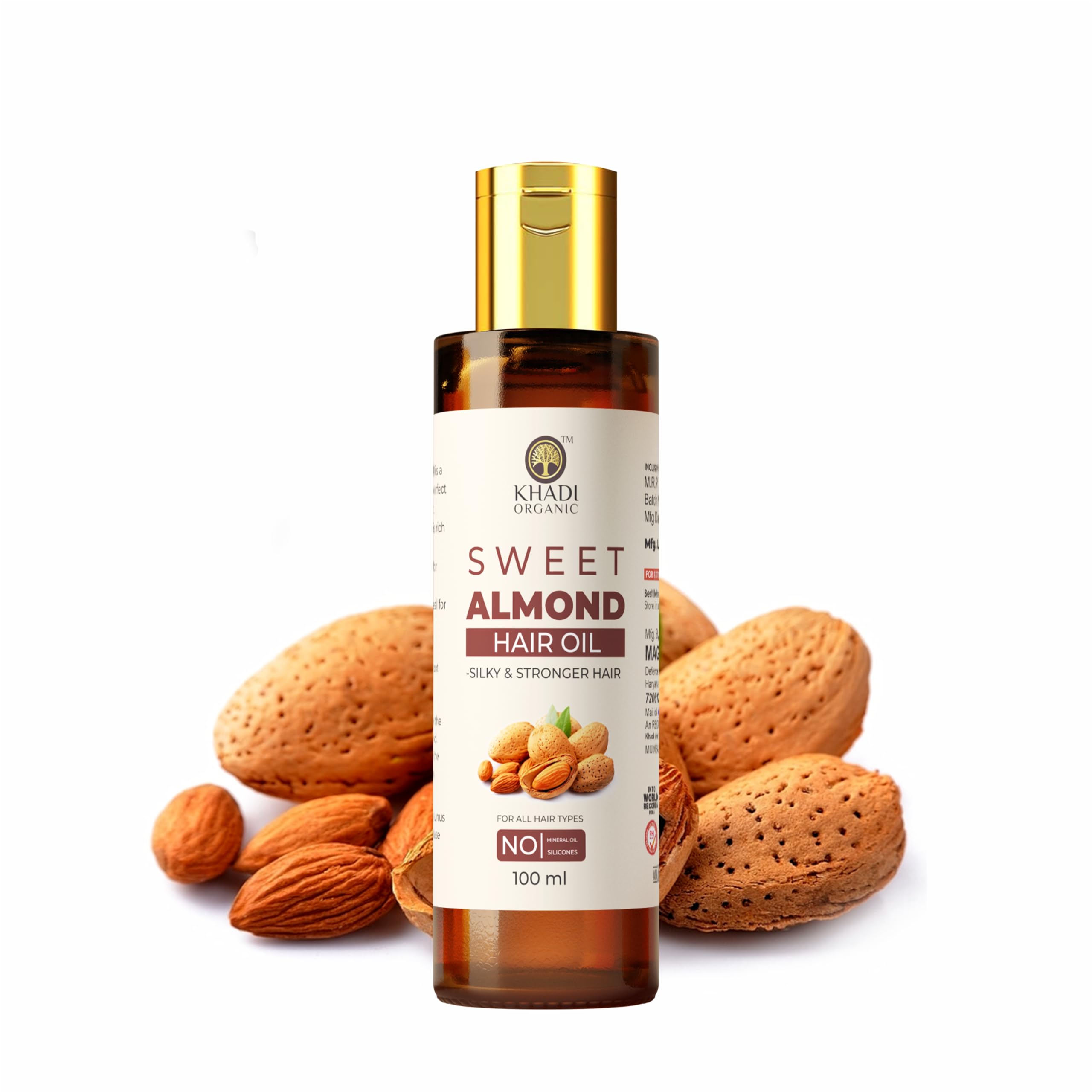 KHADI ORGANIC Sweet Almond Hair Oil 100ml - Cold Pressed Almond Oil & Vitamin E for Deep Nourishment & Hydration | Organic Hair Treatment for Dry, Damaged Hair | Perfect for Daily Hair Care & Scalp Massage