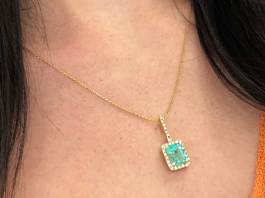 4.18TCW Natural Colombian Emerald & Diamond Halo Pendant in 14K Gold - Elegant Jewelry Gift for Women, Perfect for Weddings, Anniversaries & Special Occasions