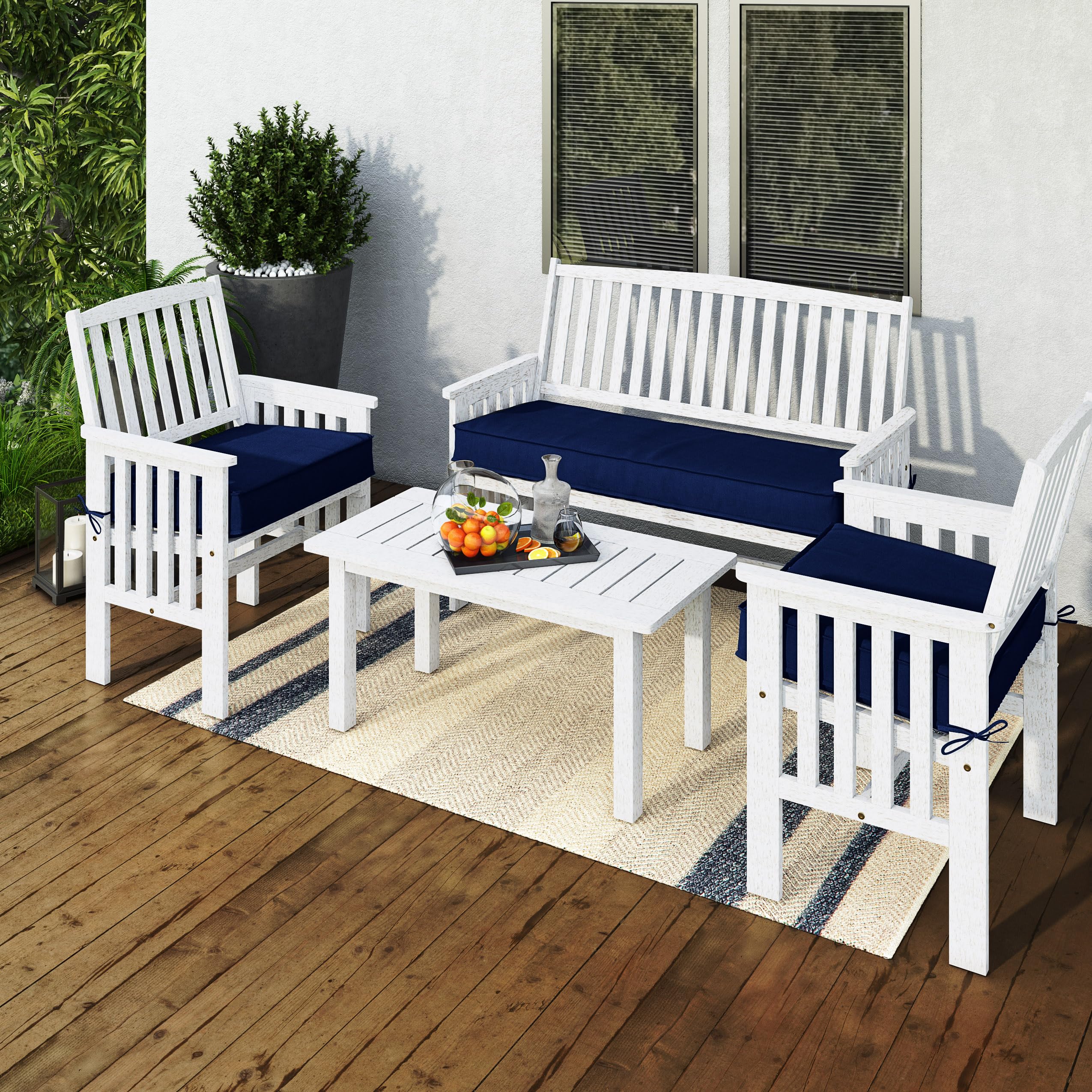 CorLiving 4-Piece Outdoor Set - White Washed Wood Patio Furniture for Garden & Backyard