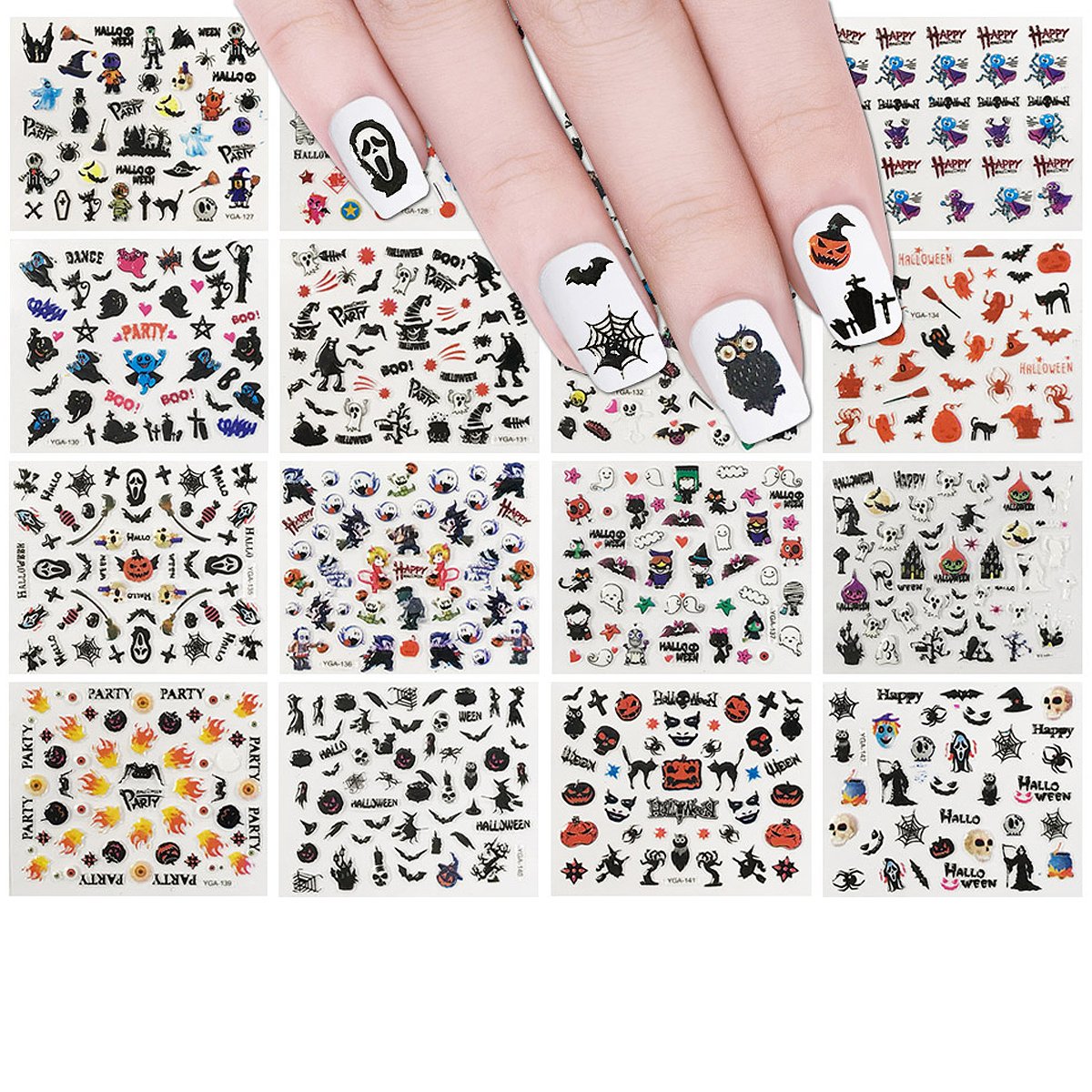 AllyDrew Halloween Nail Art Stickers Set - 24 Sheets Ghost & Bat Cartoon Decals, Black Vinyl Nail Stickers for Halloween Party, DIY Nail Art, Costume Accessories & Spooky Nail Designs
