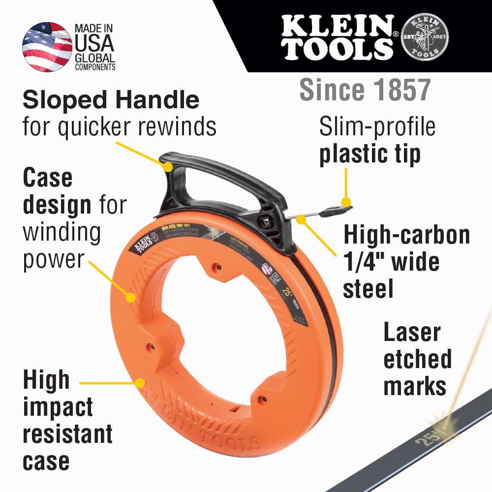 Klein Tools 56335 25-Foot 1/4-Inch Flat Steel Electrical Fish Tape with Slim Plastic Tip & Laser Etched Markings - Perfect for Electricians & DIY Wiring Projects
