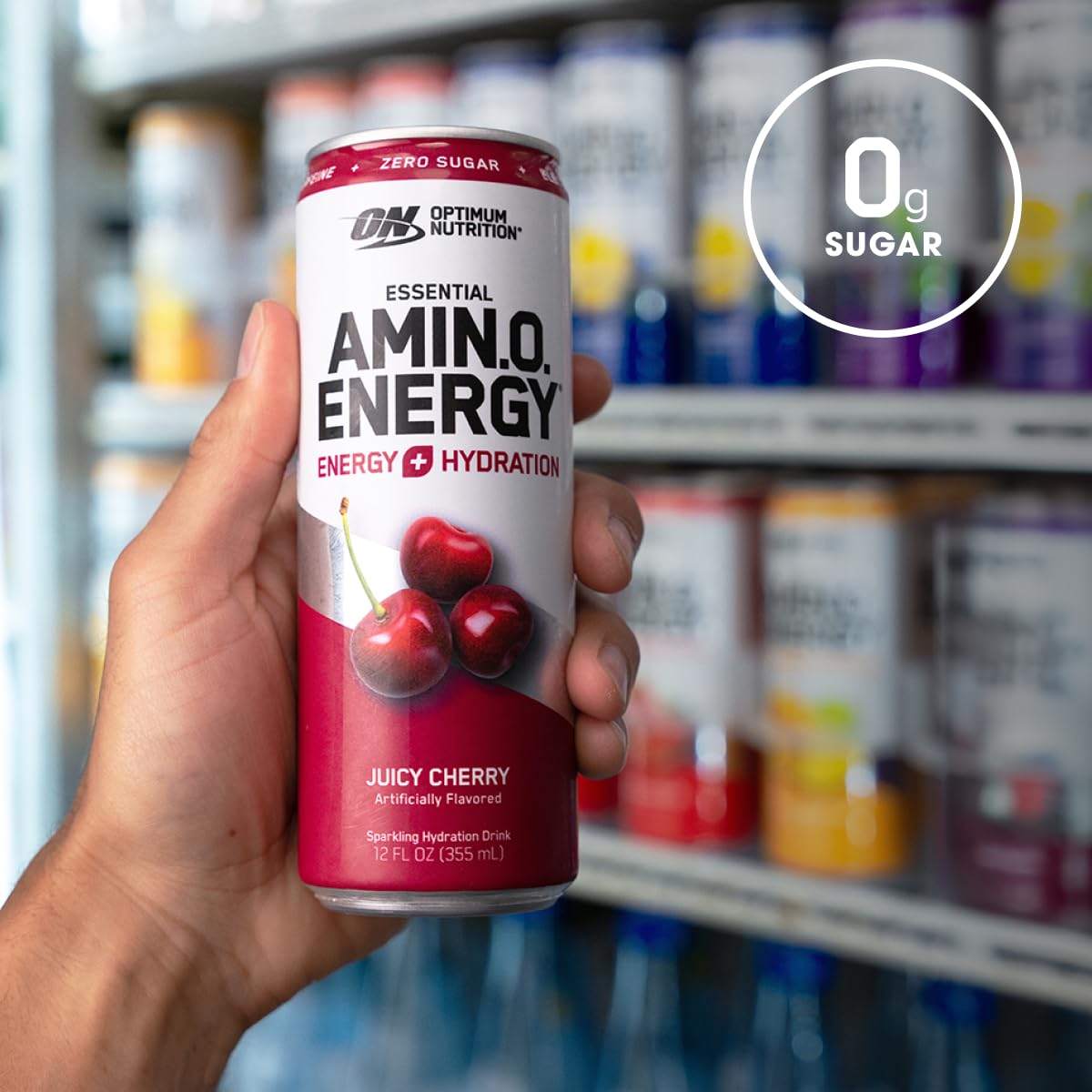 Optimum Nutrition Amino Energy Sparkling Hydration Drink with Electrolytes, Caffeine & BCAAs - Sugar Free Juicy Cherry Flavor, 12 Fl Oz (12 Pack) - Perfect for Workouts, Recovery & Energy Boost