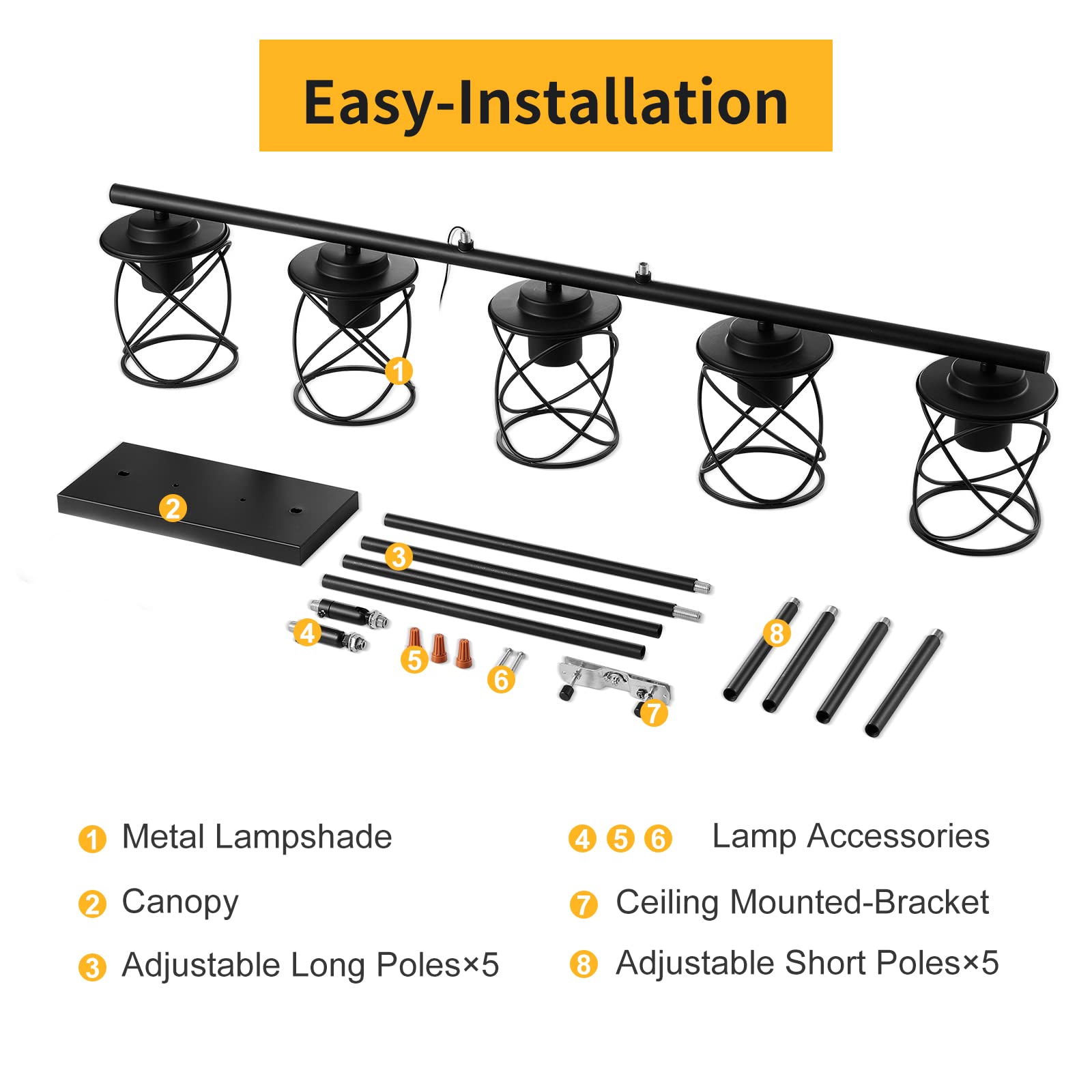 5-Light Farmhouse Linear Pendant Light - Adjustable Black Metal Kitchen Island Lighting Fixture for Dining Room, Living Room & Breakfast Bar | Perfect for Modern Farmhouse, Rustic & Industrial Decor Styles