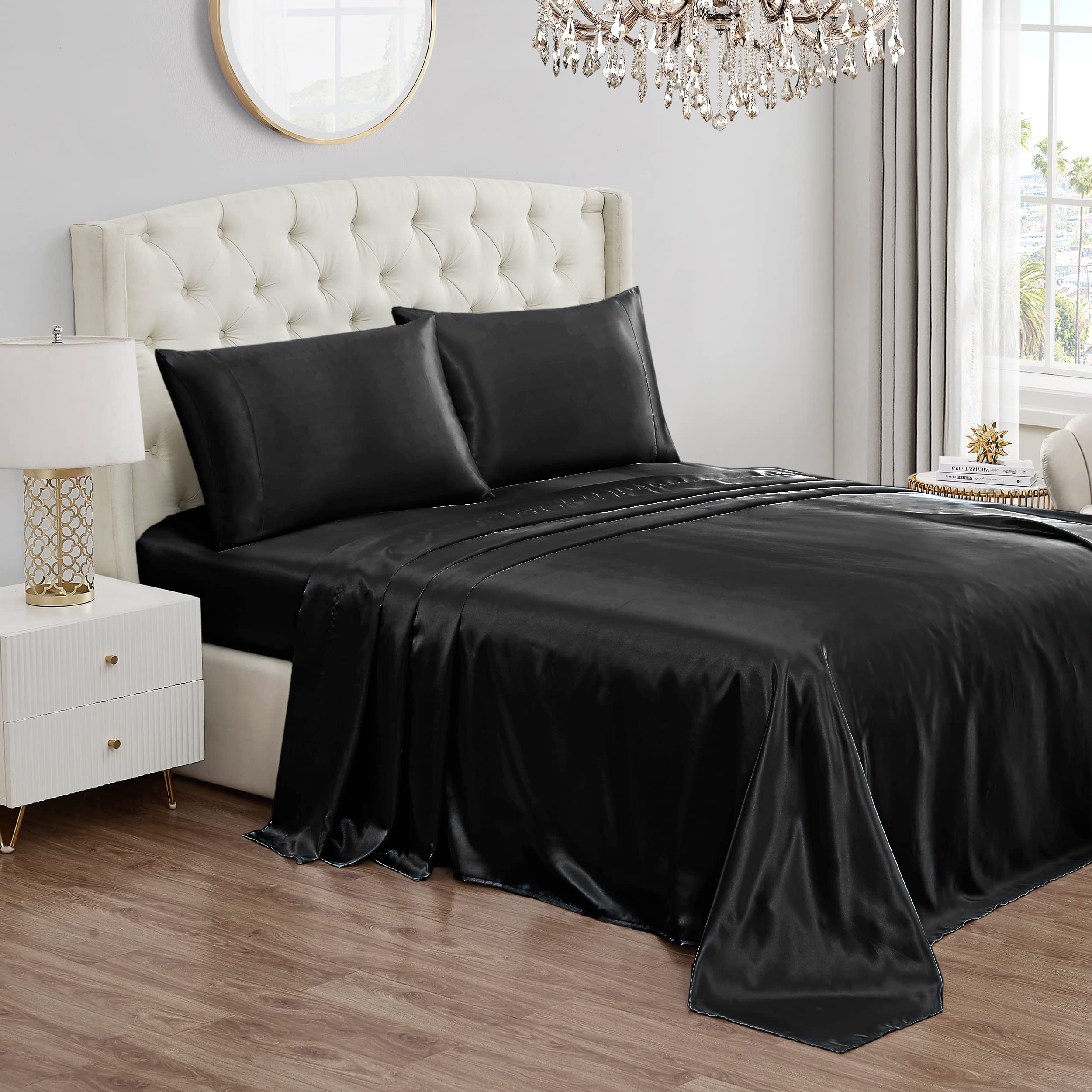 Juicy Couture Twin Size Satin Bed Sheet Set - Deep Pocket Silky Satin Sheets with 1 Fitted Sheet, 1 Flat Sheet & 2 Pillowcases - Wrinkle Resistant & Anti-Pilling - Perfect for Luxury Bedrooms, Guest Rooms & Dorm Rooms - Black