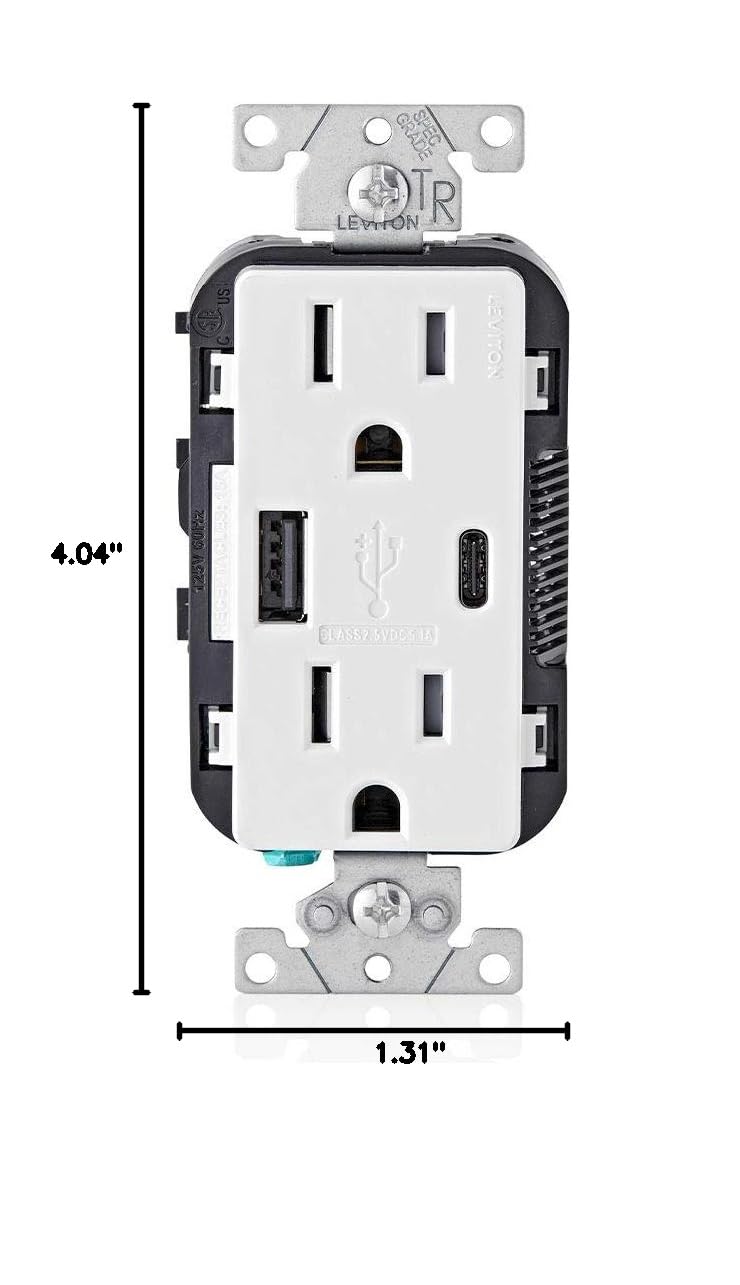 Leviton T5633-W 15A Tamper-Resistant USB Wall Outlet - Dual Type A & Type C Charger for iPhone, Android Smartphones & Tablets | White In-Wall Charging Station for Home, Office & Hotel Use