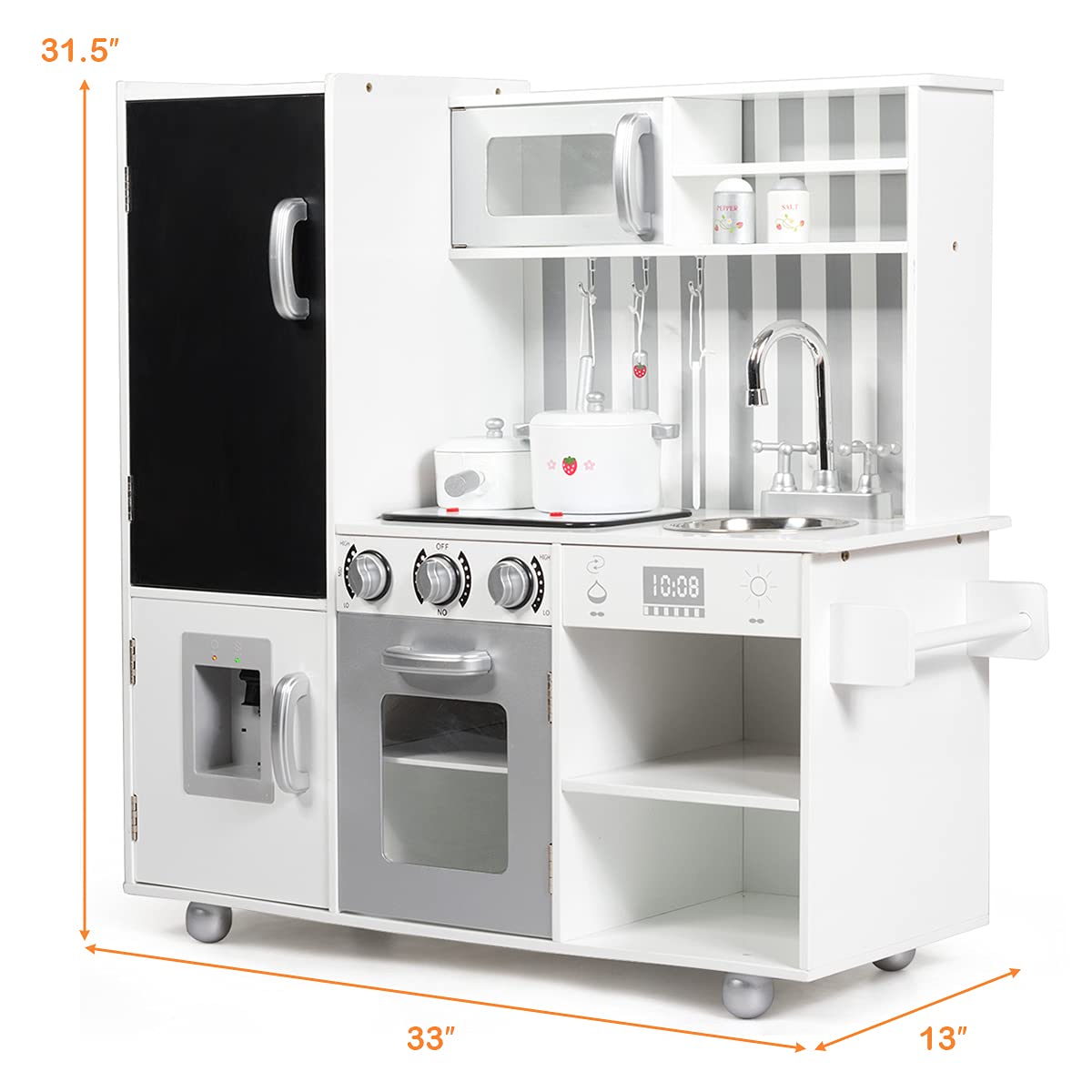 Fireflowery Kids Kitchen Playset - Pretend Play Kitchen for Toddlers with Simulated Sound, Utensils, Blackboard, Sink & Stovetop - Modern Wooden Toy Kitchen Set for Ages 3+ | Perfect for Role Play, Birthday Gifts & Early Learning Development