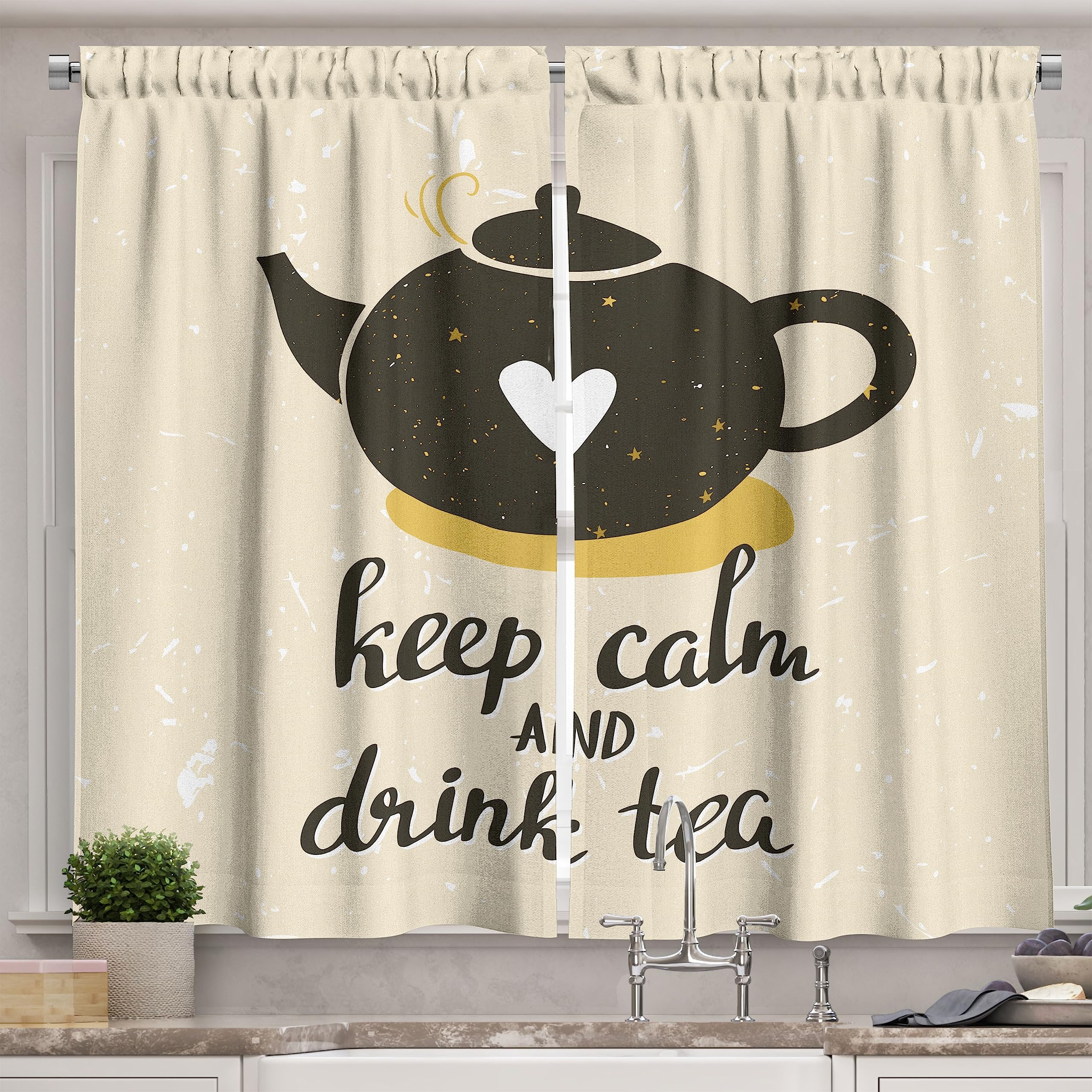 Ambesonne Keep Calm Long Kitchen Curtains - Drink Tea Lettering with Heart on Teapot Design, 2 Panel Rod Pocket Drapes for Windows, 55 x 45 Inches, Dark Olive Green & Pale Earth Yellow - Perfect for Tea Lovers' Kitchen Decor, Farmhouse Style Dining Room & Cozy Breakfast Nook