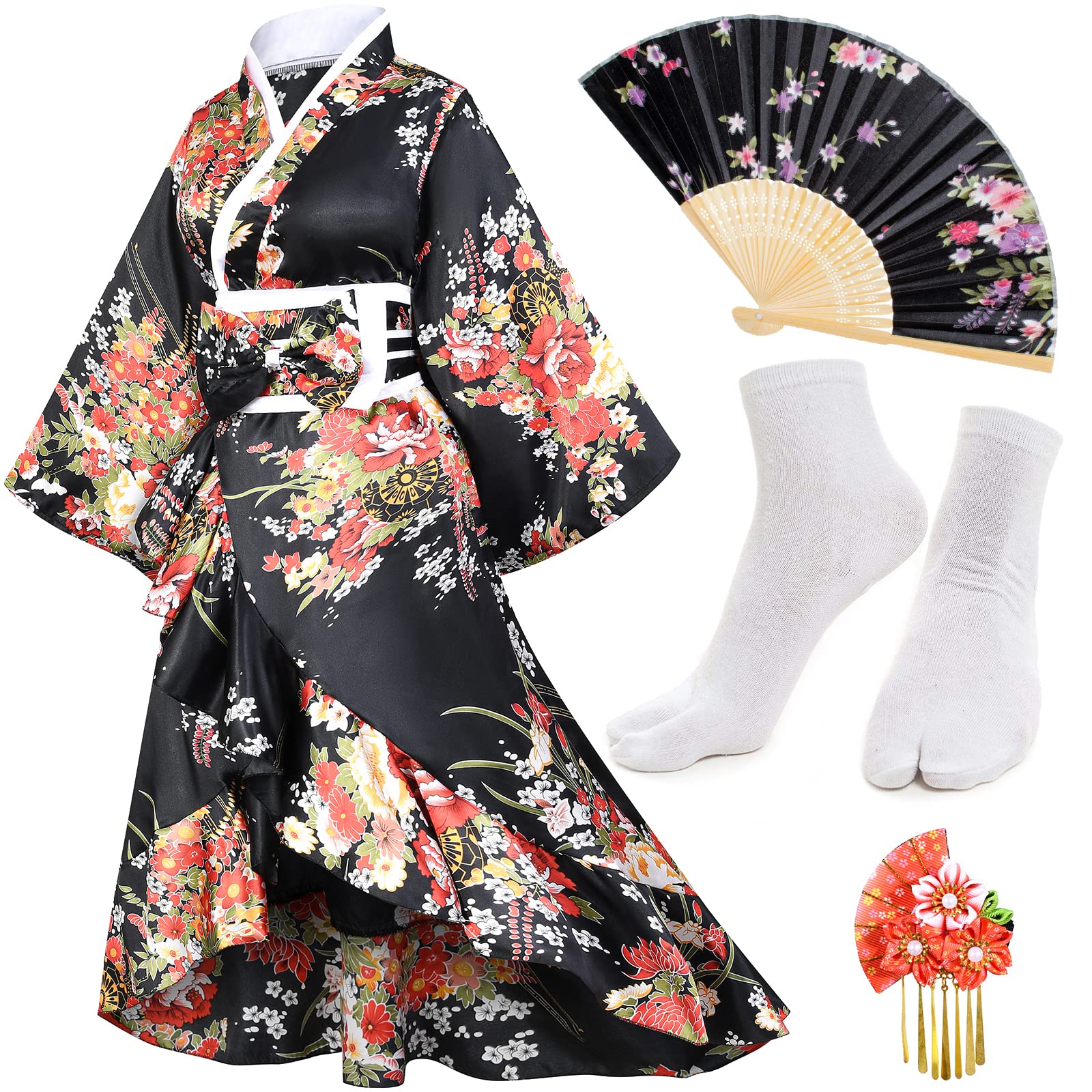 Japanese Women's Kimono Robe - Elegant Geisha Yukata with Sweet Tuxedo Ruffle & Blossom Print | Satin Bathrobe Sleepwear Set with Tabi Socks | Perfect for Spa Days, Cosplay, and Relaxing at Home