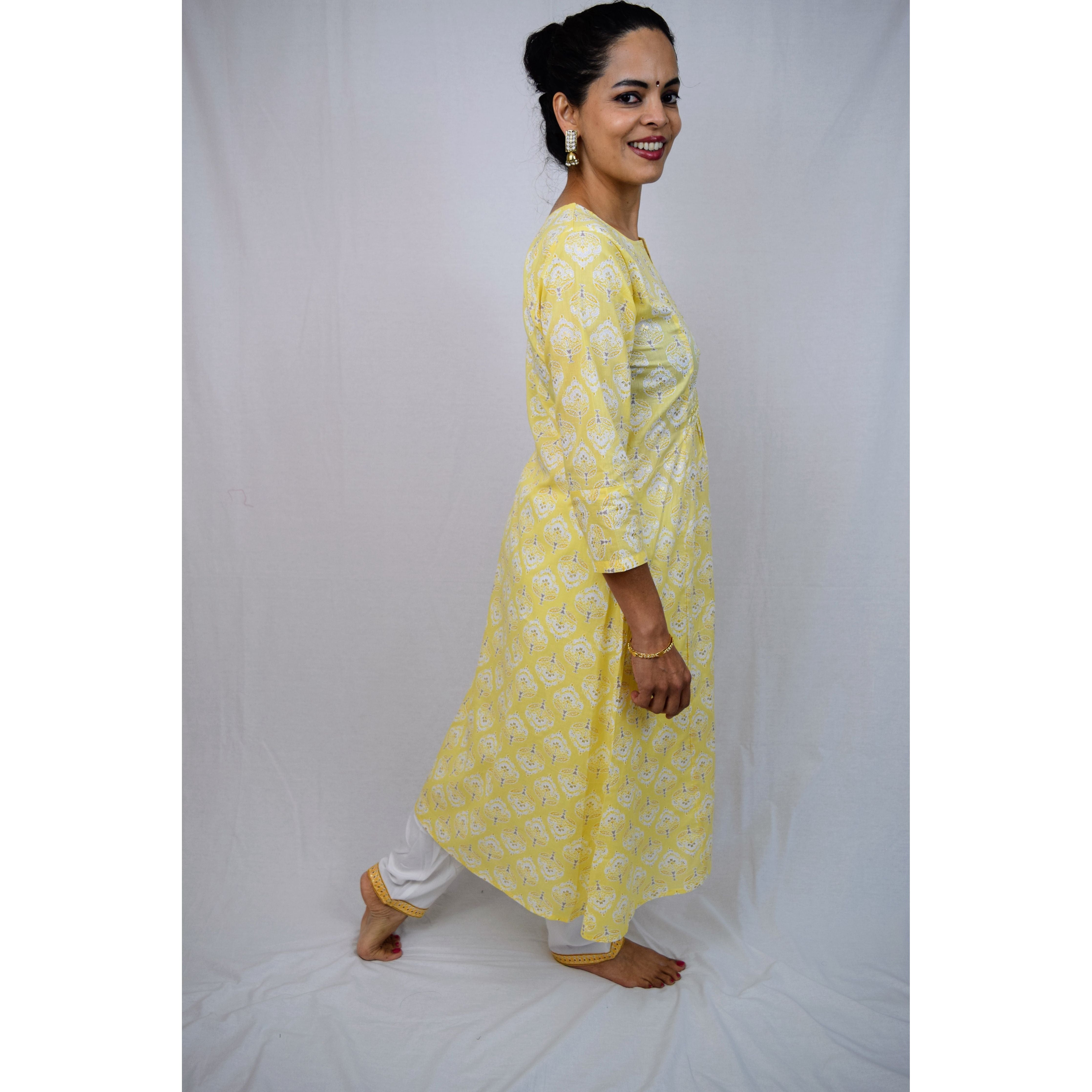 Stylish Yellow and White Kurti with Elegant Mirror Embroidery - Perfect for Festivals, Parties & Casual Wear