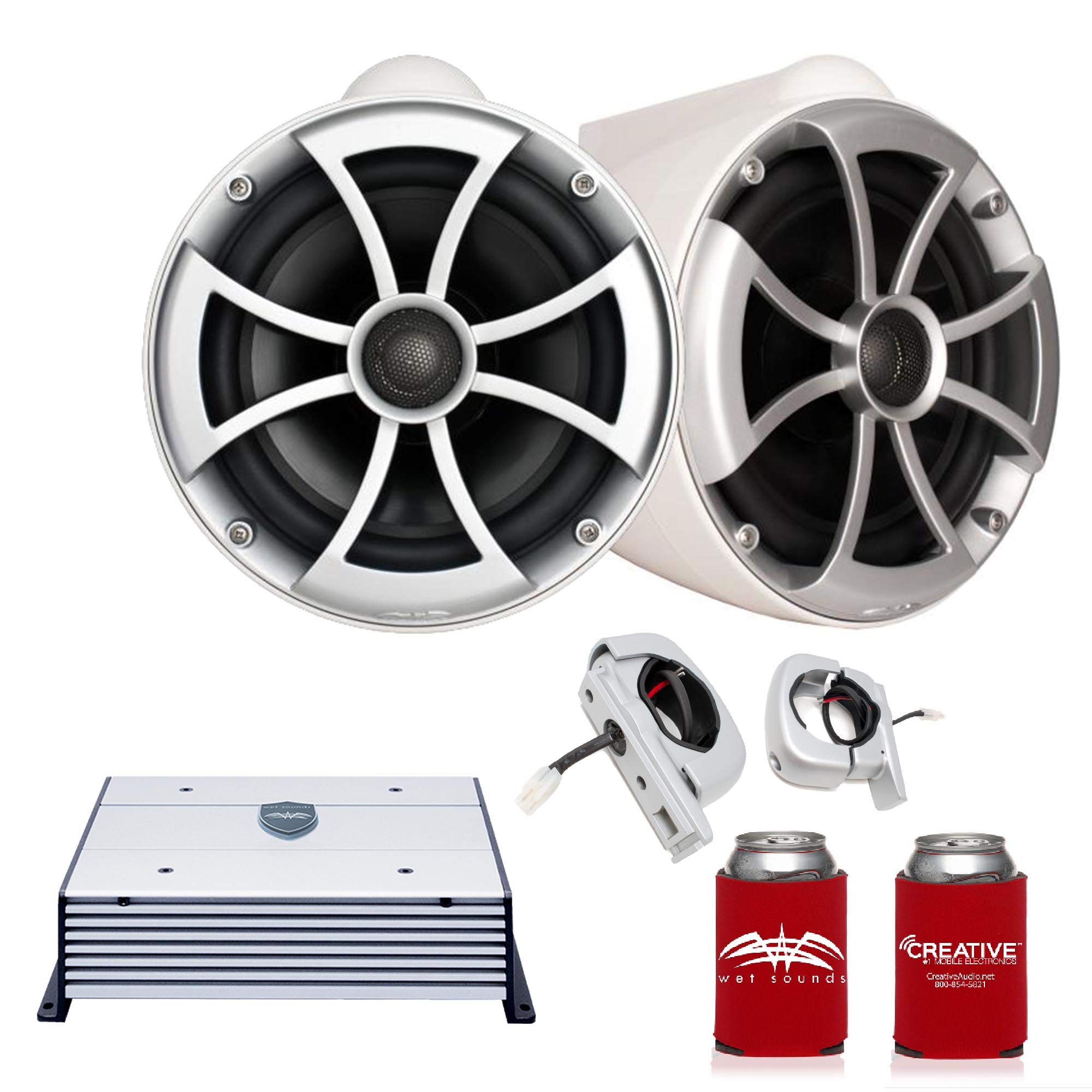 Wet Sounds ICON8W-FC-SA 8 Inch White Marine Tower Speakers with Silver Aluminum Fixed Clamps & HTX2 600 Watt Amplifier - Perfect for Boats, Yachts, and Water Sports