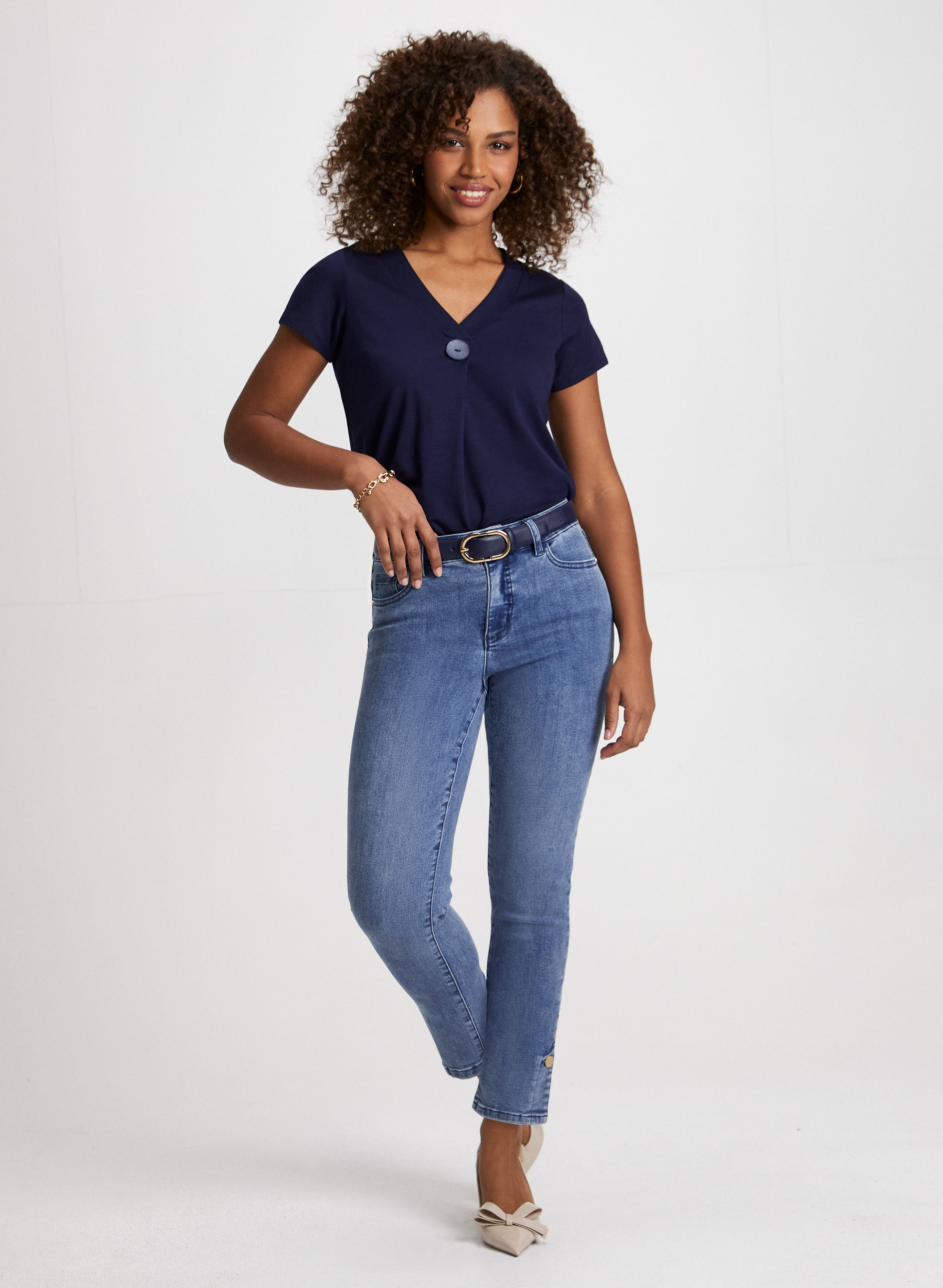 Stylish Button-Down Tee & Straight Leg Jeans Set for Women | Casual Outfit for Everyday Wear, Office & Weekend Looks