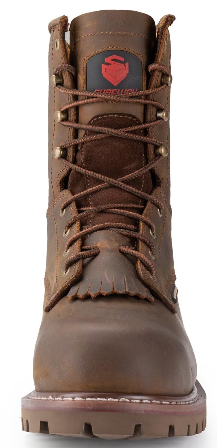 SUREWAY Men's 8 Inch Waterproof Steel Toe Work Boots - Oil & Slip Resistant, Thick Full Grain Leather, Wedge Rubber Sole, EH Rated - Ideal for Construction, Logging & Outdoor Work Safety