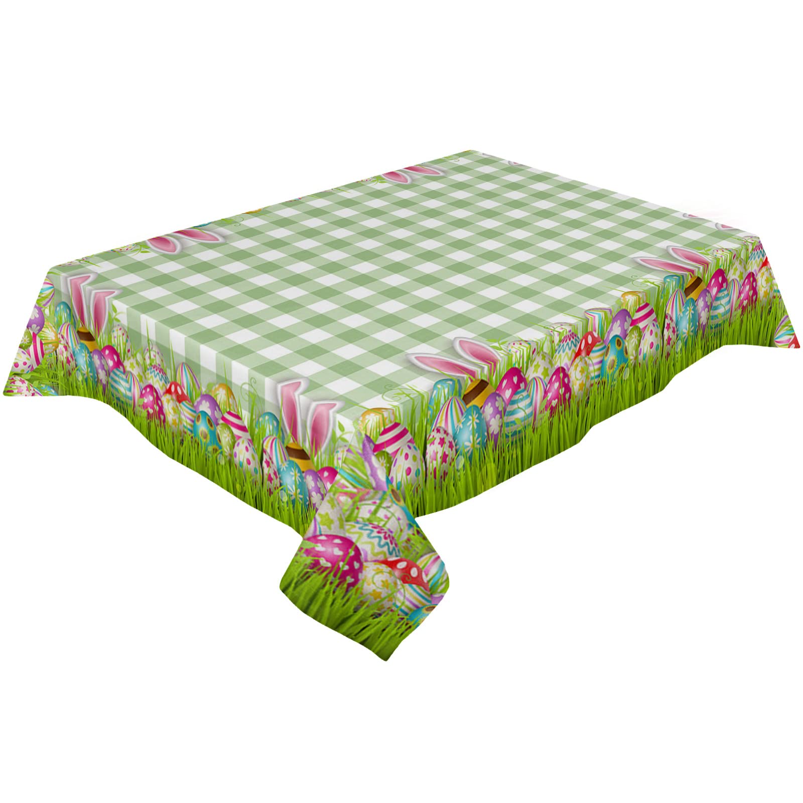 Waterproof Easter Tablecloth - Easter Egg & Bunny Green Plaid Design for Dining Table Decor - 54x108 Inch Rectangle Table Cover - Perfect for Spring Parties, Outdoor Gatherings & Holiday Celebrations