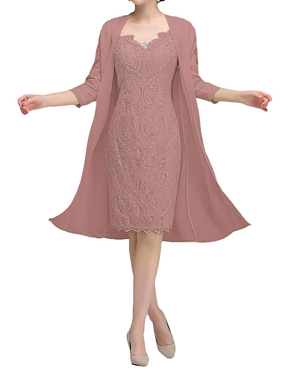 Elegant Short Mother of The Bride Dress with Lace Appliques - Formal Evening Gown for Wedding Guest & Groom - Women's Chiffon Jacket for Special Occasions, Ceremonies & Parties