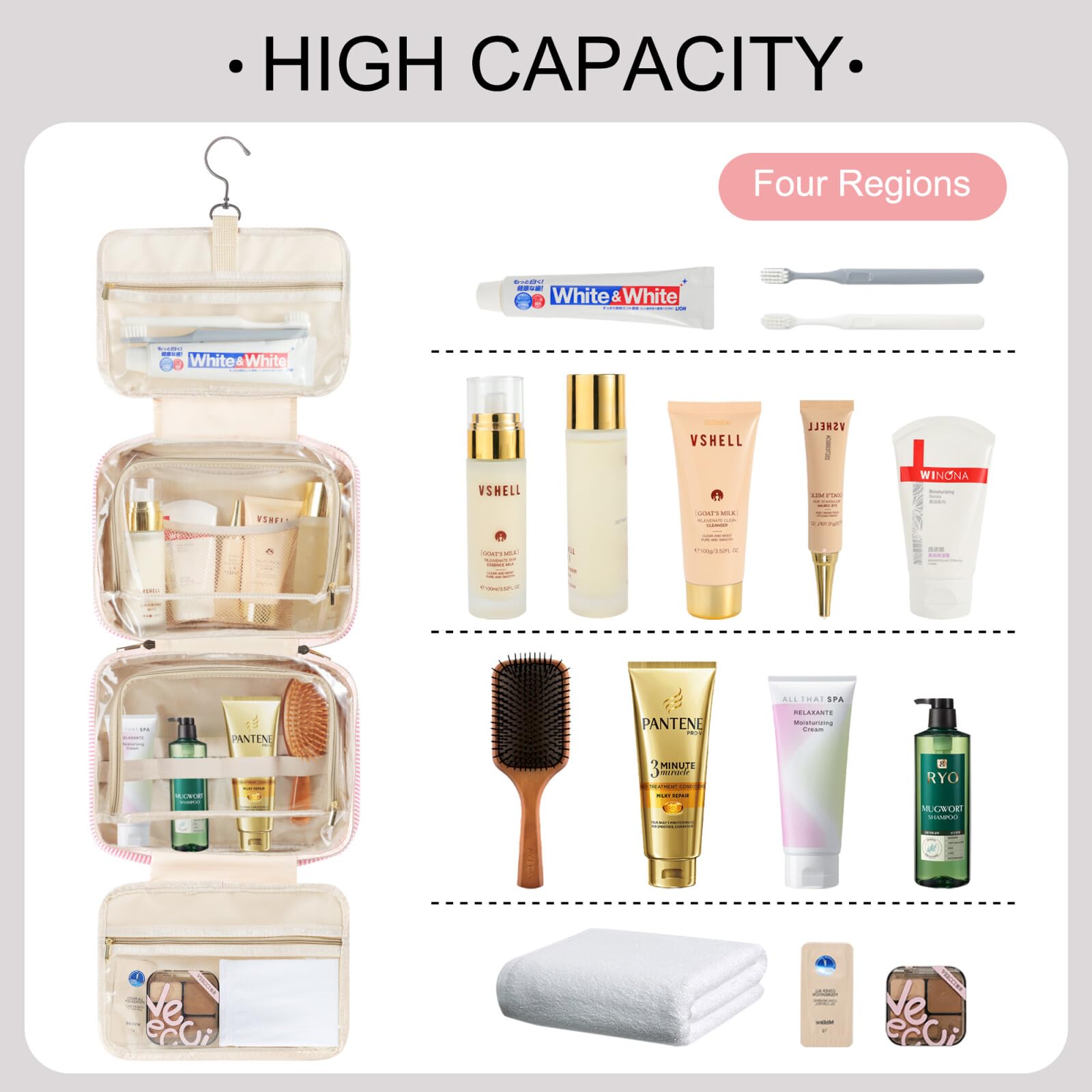 TOPEAST Hanging Toiletry Bag for Women - Large Travel Makeup Organizer for Shampoo & Cosmetics (Letter C) - Perfect for Vacation & Business Trips