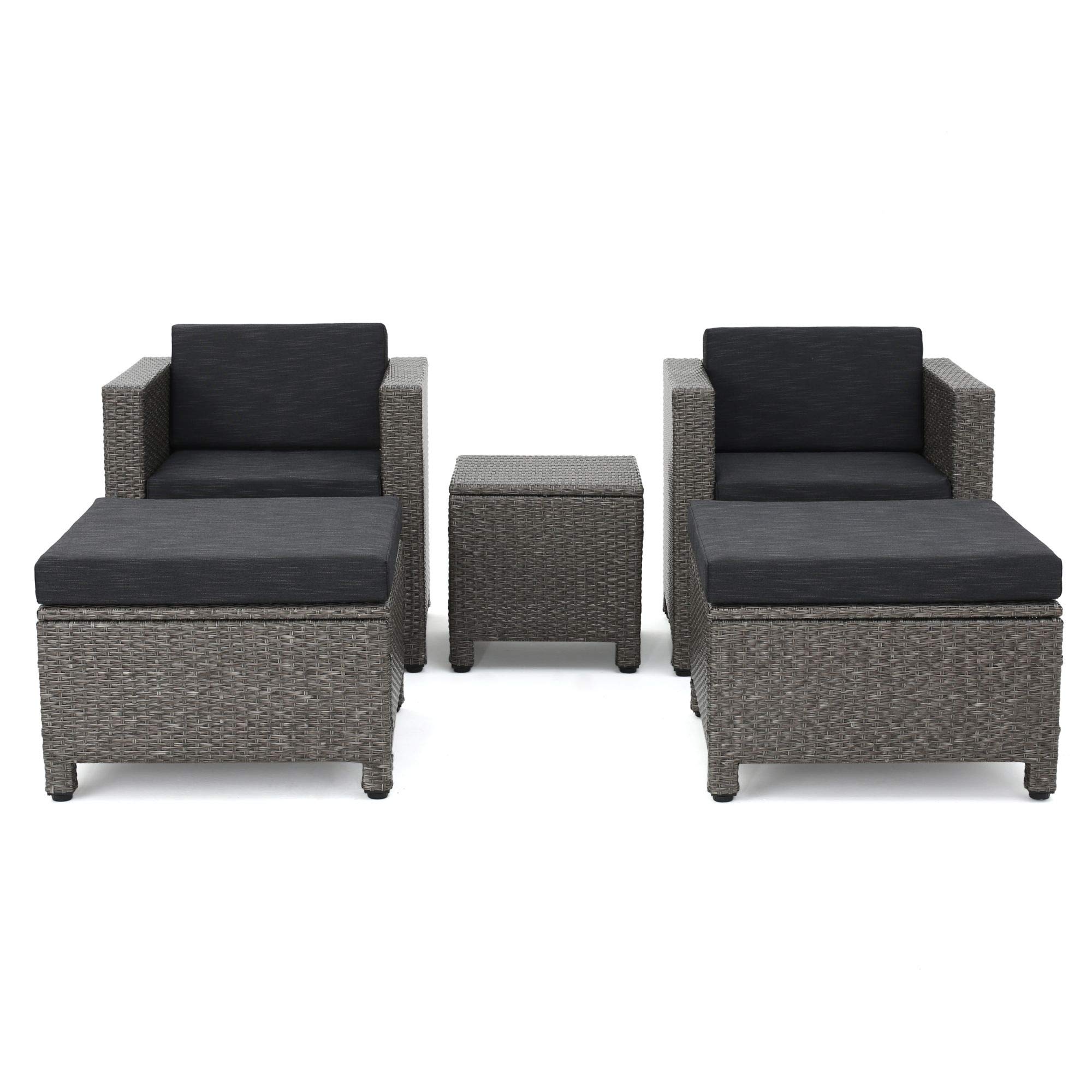 5-Piece Black Wicker Outdoor Patio Furniture Set with Gray Cushions - Modern Rattan Conversation Set for Garden, Poolside, and Backyard Relaxation