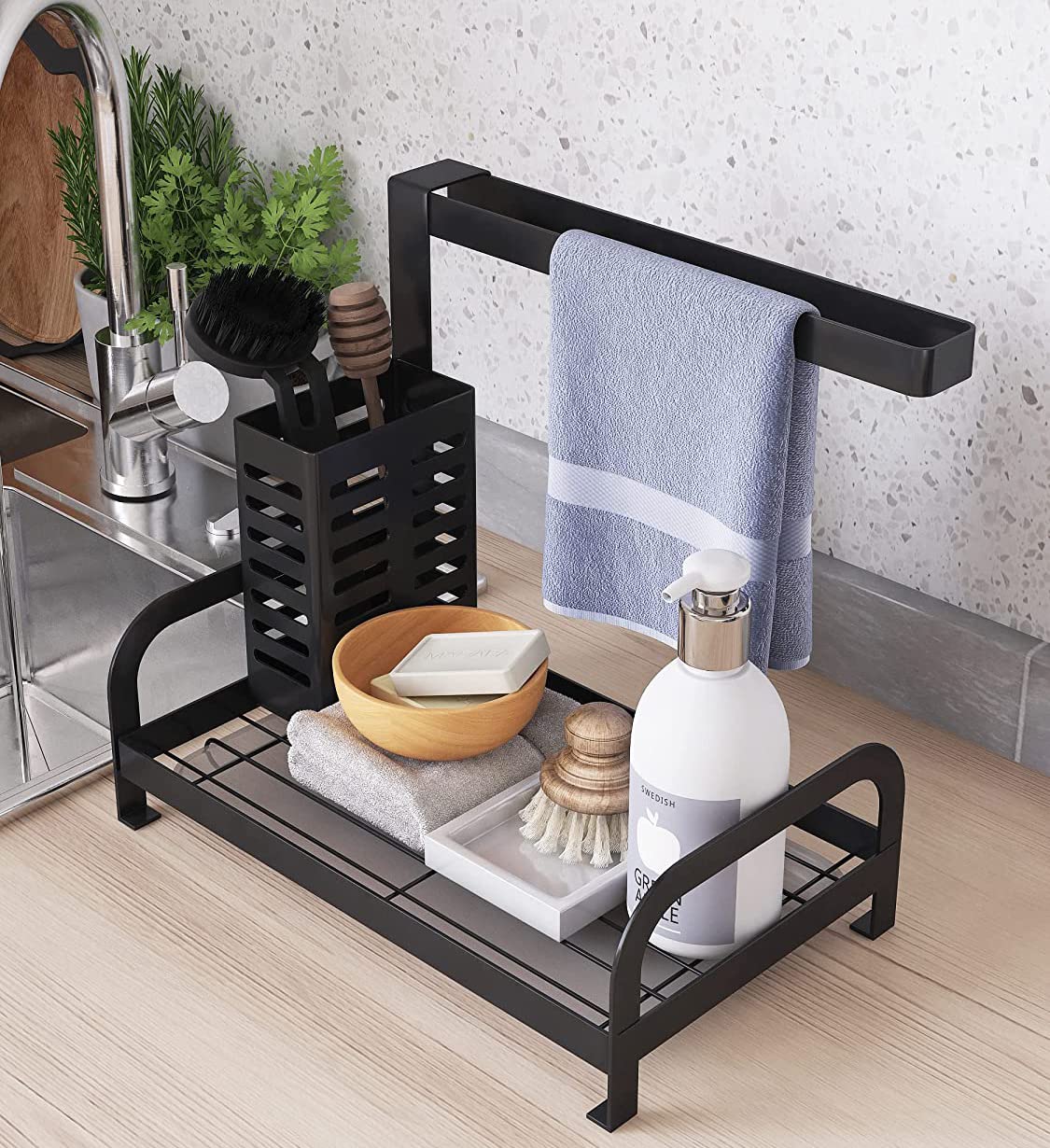 UMDONX Kitchen Sink Organizer - Dish Sponge Holder & Washing Up Caddy for Sink Organization - Black | Perfect for Kitchen Countertop, Dish Drying Rack & Sink Storage
