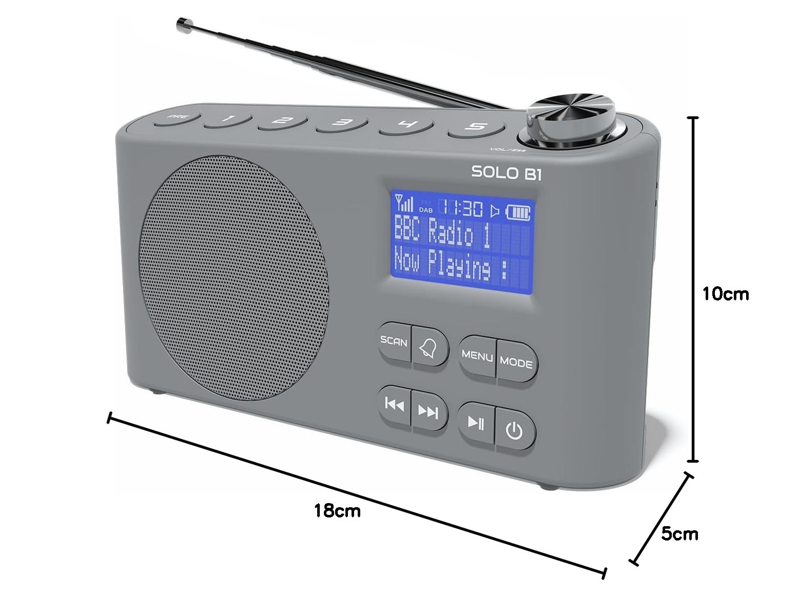 AZATOM Solo B1 Grey Portable DAB/DAB+ Digital Radio with Bluetooth - Rechargeable Battery, Dual Alarm, 80 Presets, AUX & Headphone Jack - Perfect for Home, Office, Travel & Outdoor Use