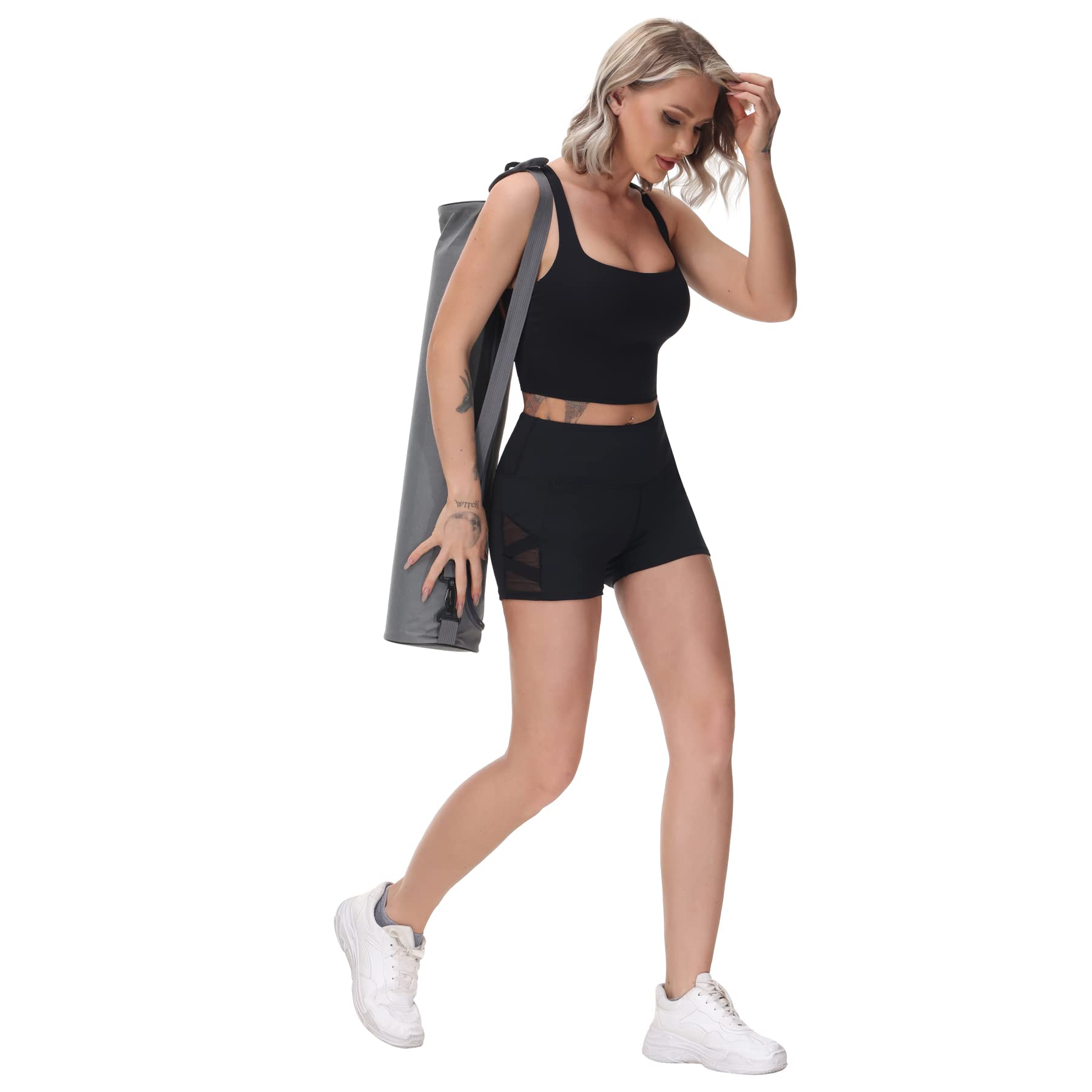 Romansong Women's High Waisted Yoga Pants with Pockets - 4-Way Stretch Tummy Control Mesh Leggings, Non See-Through Capri Workout Pants for Running, Gym & Lounge Wear