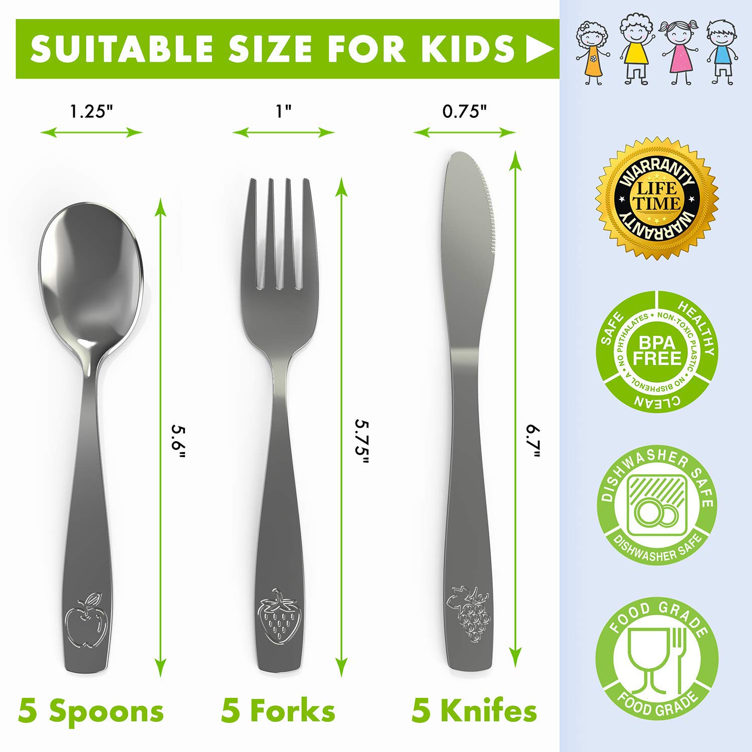 CHILLOUT LIFE 15-Piece Stainless Steel Kids Silverware Set - Safe Toddler & Child Flatware Utensils - 5 Spoons, 5 Forks, 5 Knives - Durable Metal Cutlery for Home, School Lunch & Travel