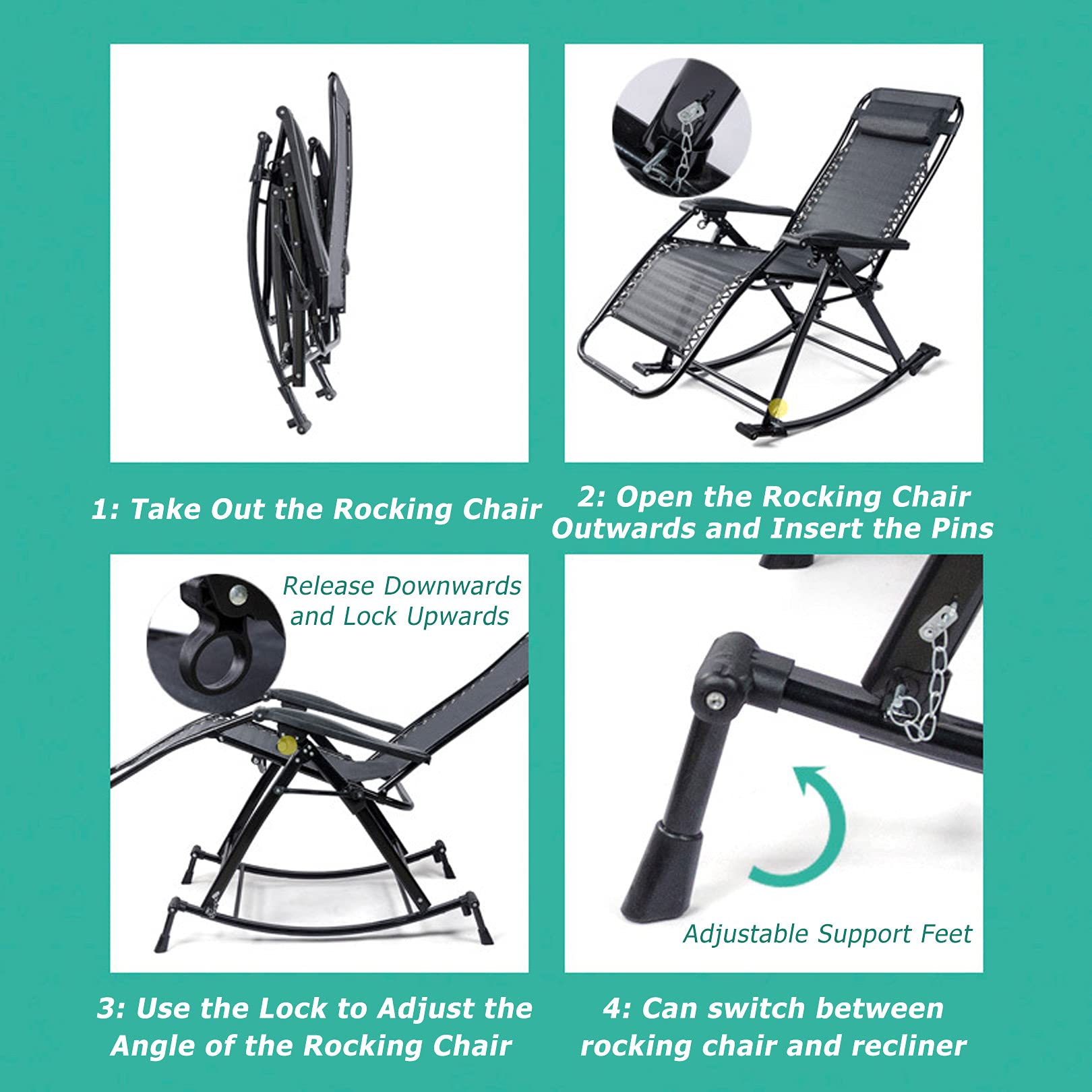 Comfortable & Breathable Rocking Lounge Chair for Adults - Portable Folding Patio Chair for Camping, Backyard, Beach - Tear & Abrasion Resistant - Perfect for Relaxing, Sunbathing & Outdoor Lounging