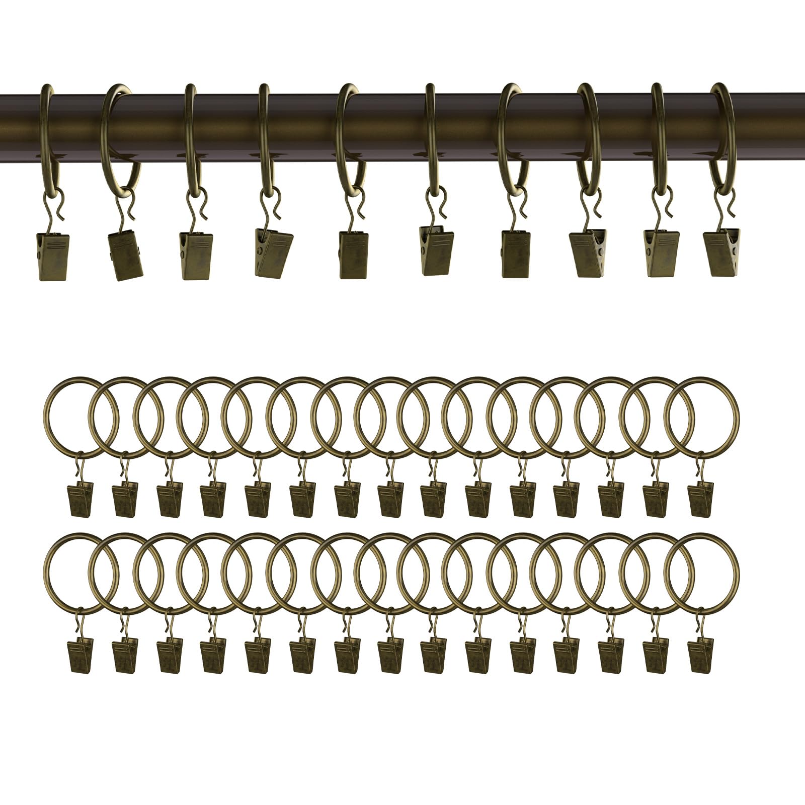 40 Pack Bronze Curtain Rings with Clips - 1 Inch Interior Diameter Drapery Hooks for 5/8 Inch Rods - Durable Metal Curtain Hardware for Living Room, Bedroom & Window Decor