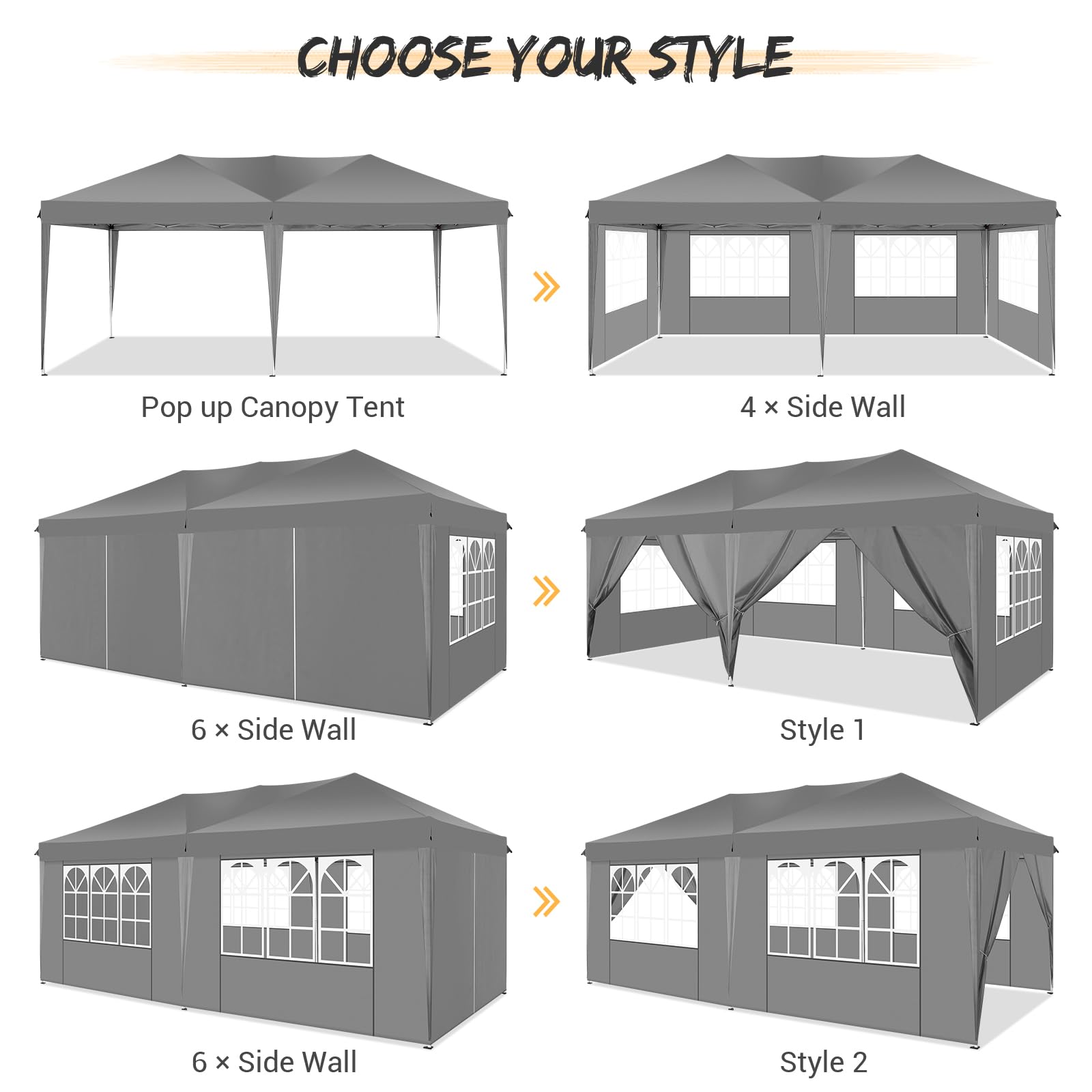 COBIZI 10x20 Pop Up Canopy Tent with 6 Sidewalls - Waterproof Instant Shelter for Outdoor Events, Beach Camping & Commercial Use | Portable Sun Shade Gazebo for Parties, Picnics & Tailgating (Grey, 10'x20')