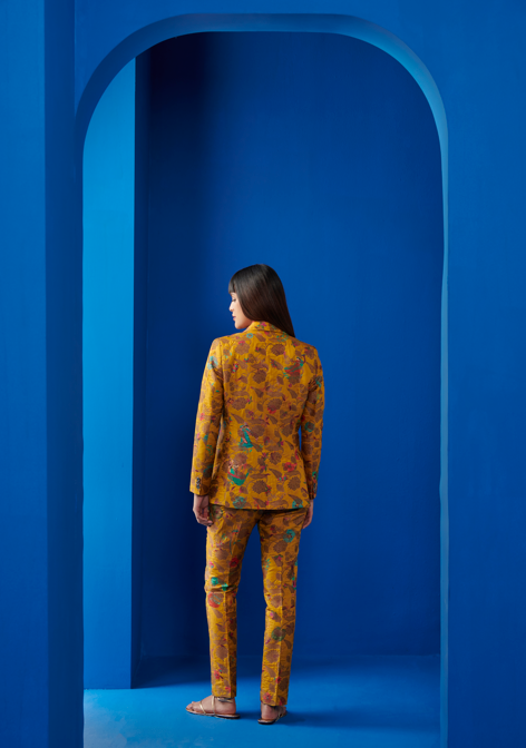 Mustard Silk Brocade Boot Cut Trousers for Women - Elegant & Comfortable Pants for Office, Party & Special Occasions